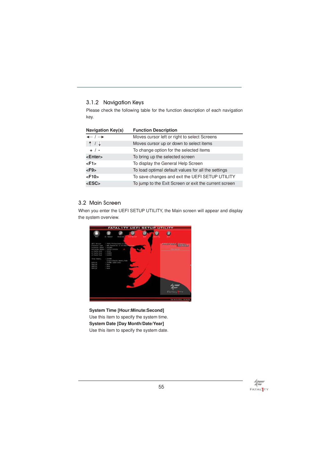 ASRock Fatal1ty 990FX Professional Navigation Keys, Main Screen, To jump to the Exit Screen or exit the current screen 