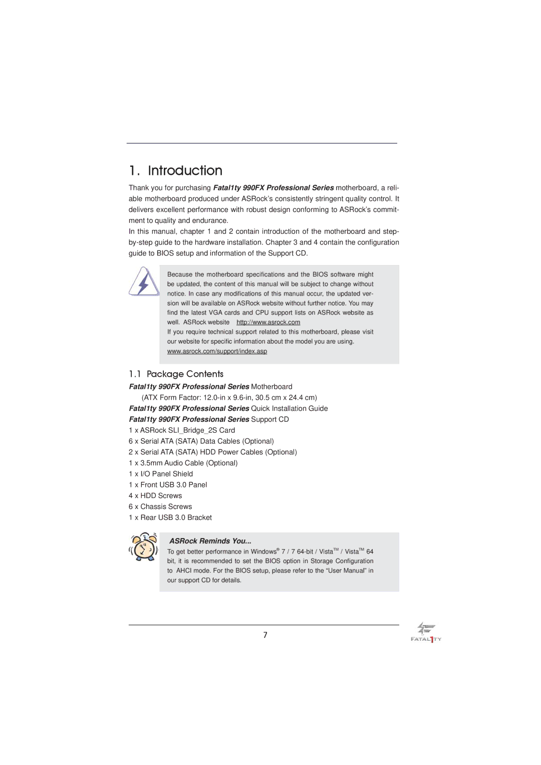 ASRock Fatal1ty 990FX Professional manual Introduction, Package Contents 