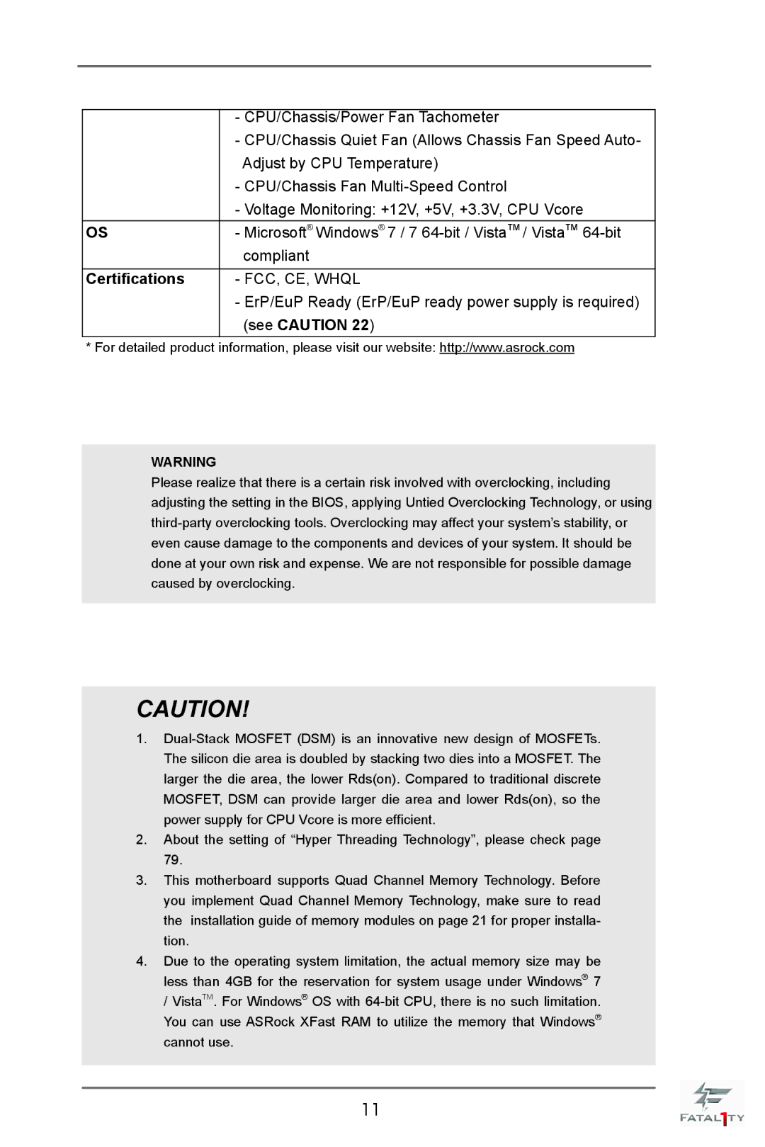 ASRock Fatal1ty X79 Champion manual Certifications, FCC, CE, Whql 