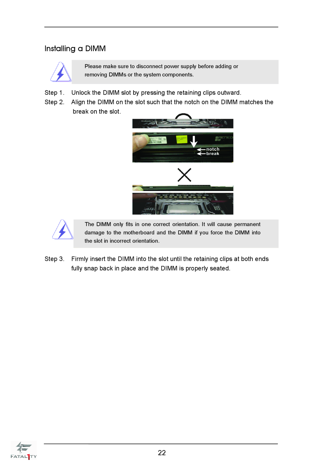 ASRock Fatal1ty X79 Champion manual Installing a Dimm 