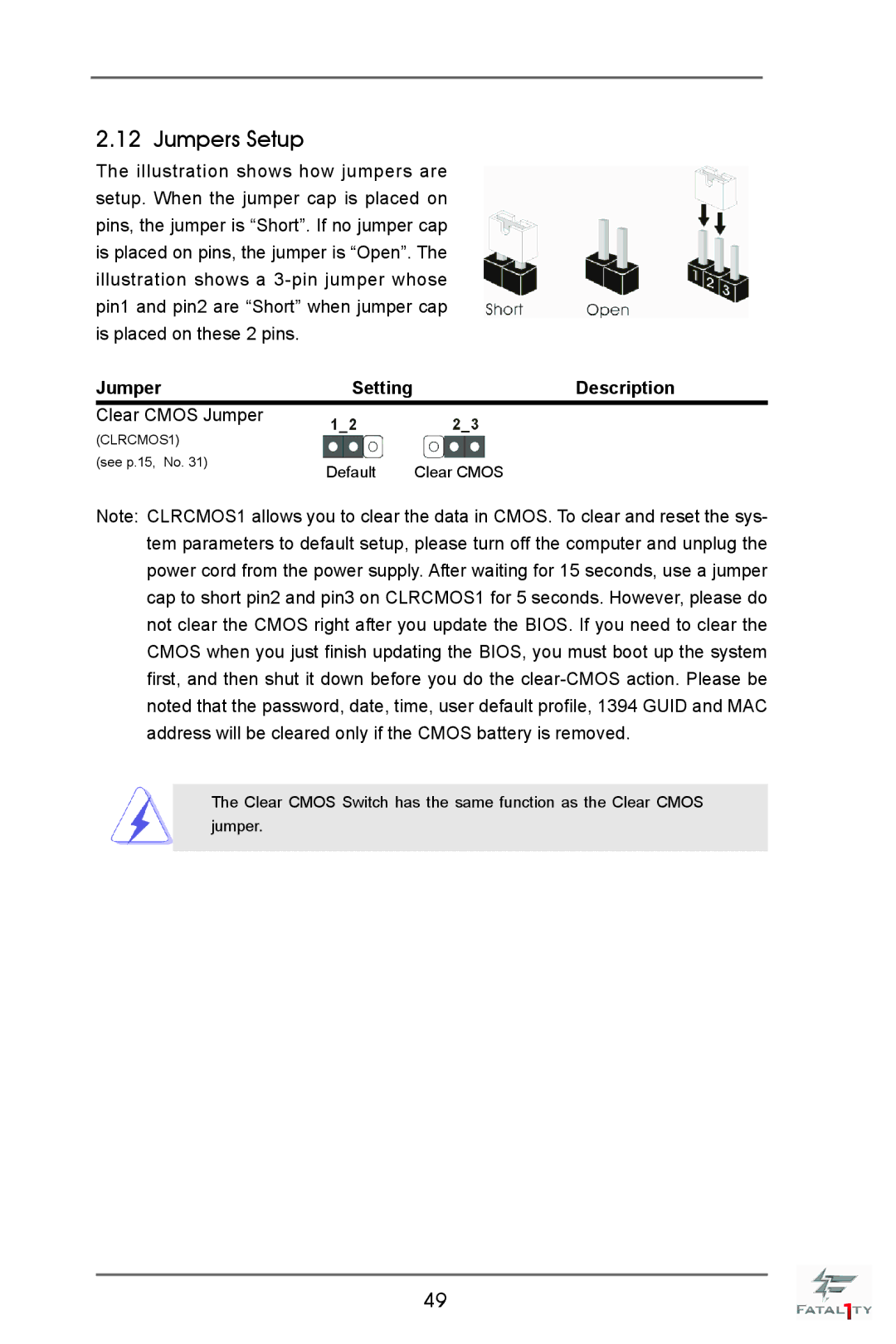 ASRock Fatal1ty X79 Champion manual Jumpers Setup, Description 