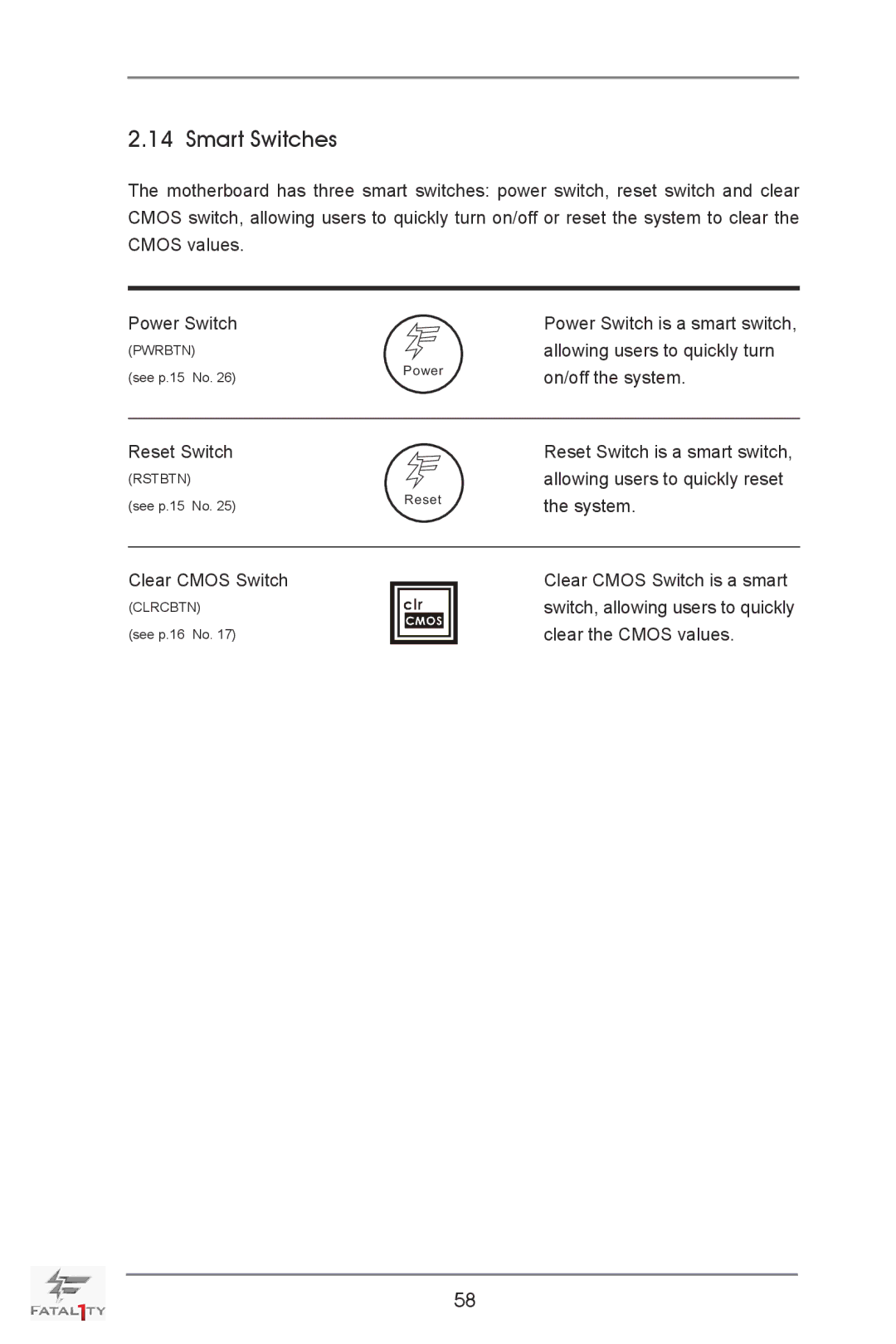 ASRock Fatal1ty X79 Champion manual Smart Switches 