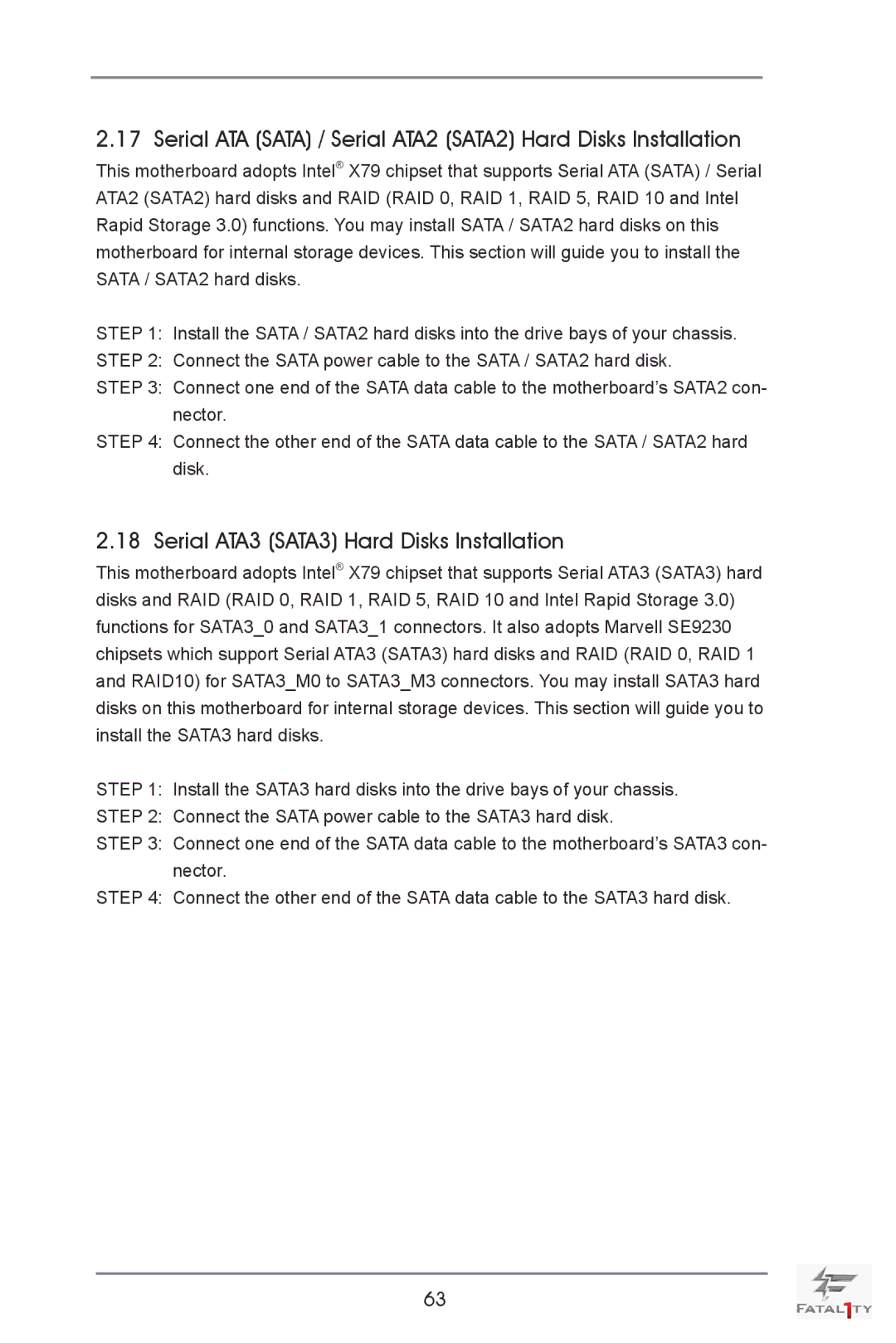 ASRock Fatal1ty X79 Champion manual Serial ATA Sata / Serial ATA2 SATA2 Hard Disks Installation 