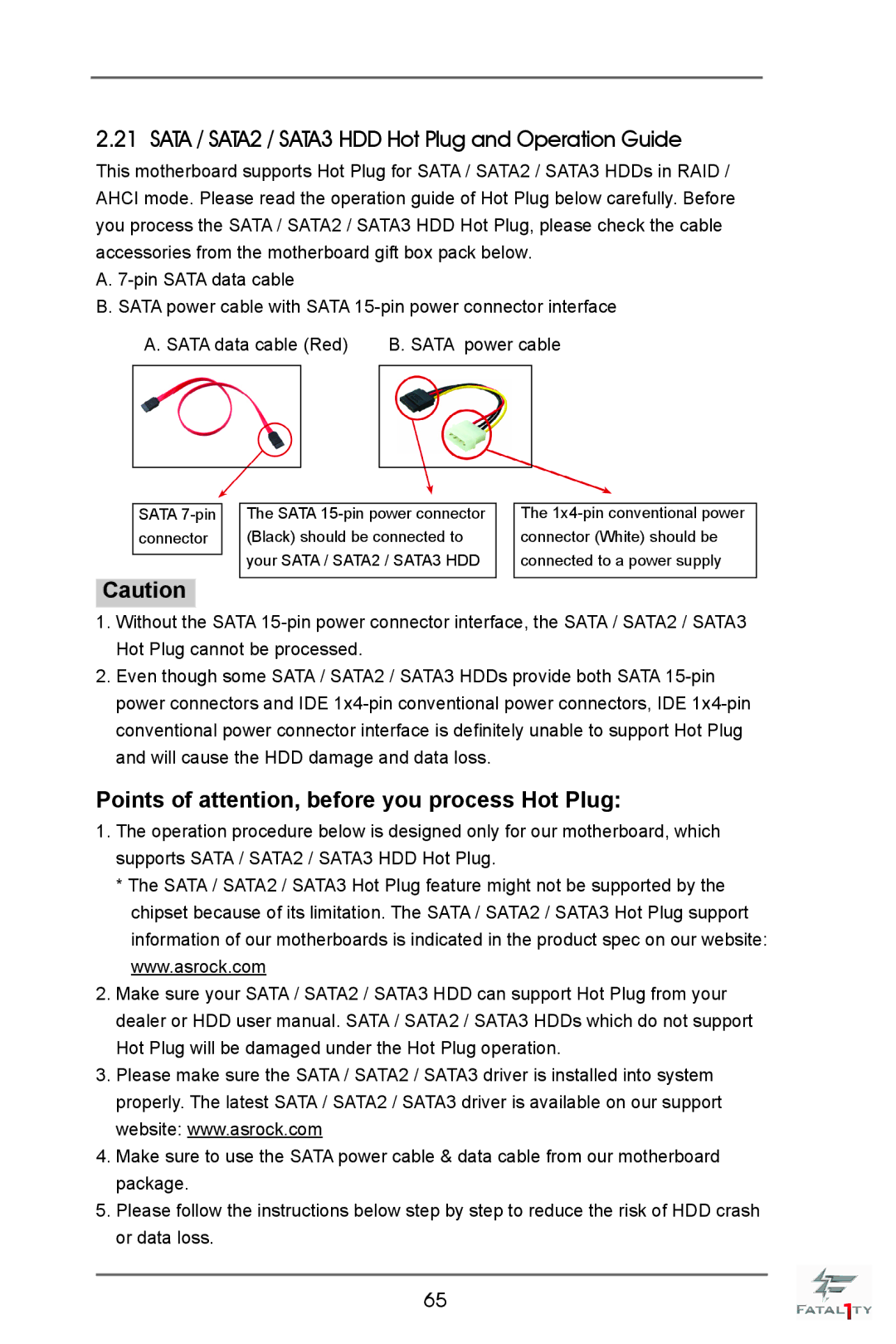 ASRock Fatal1ty X79 Champion manual Sata / SATA2 / SATA3 HDD Hot Plug and Operation Guide, Sata power cable 