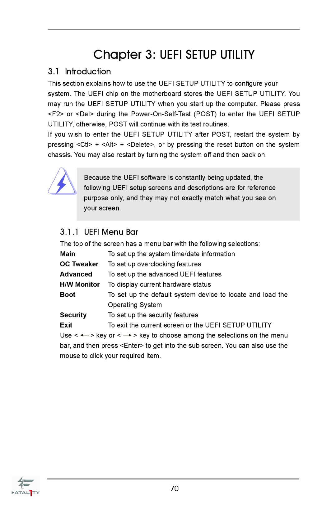 ASRock Fatal1ty X79 Champion manual Introduction, Uefi Menu Bar 