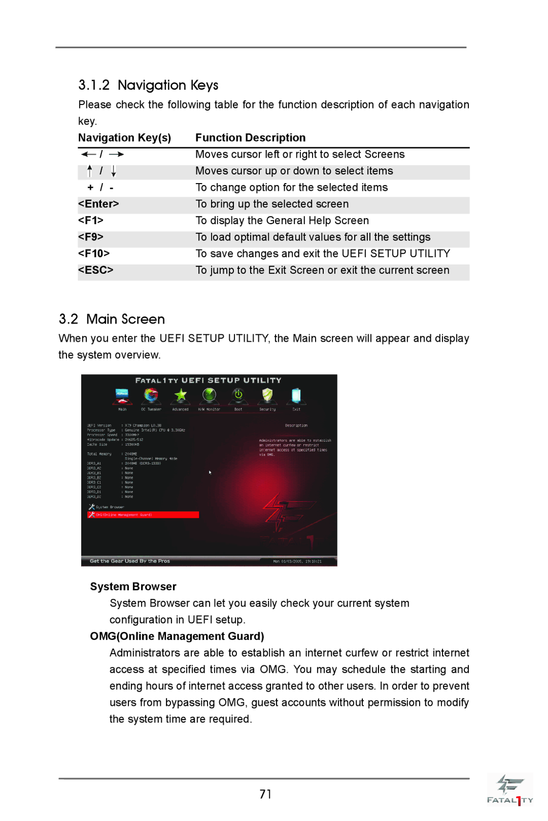 ASRock Fatal1ty X79 Champion manual Navigation Keys, Main Screen 