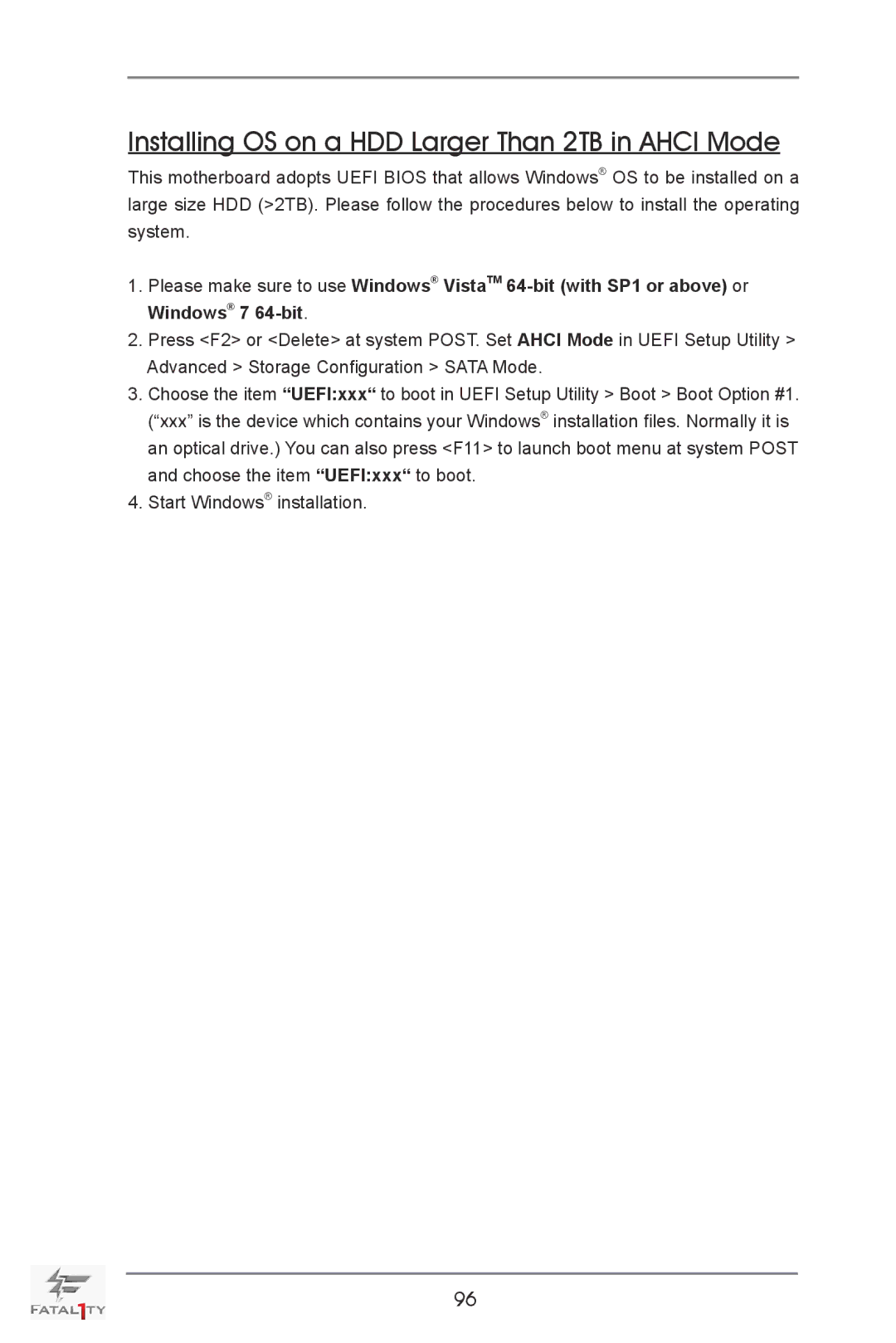 ASRock Fatal1ty X79 Champion manual Installing OS on a HDD Larger Than 2TB in Ahci Mode 
