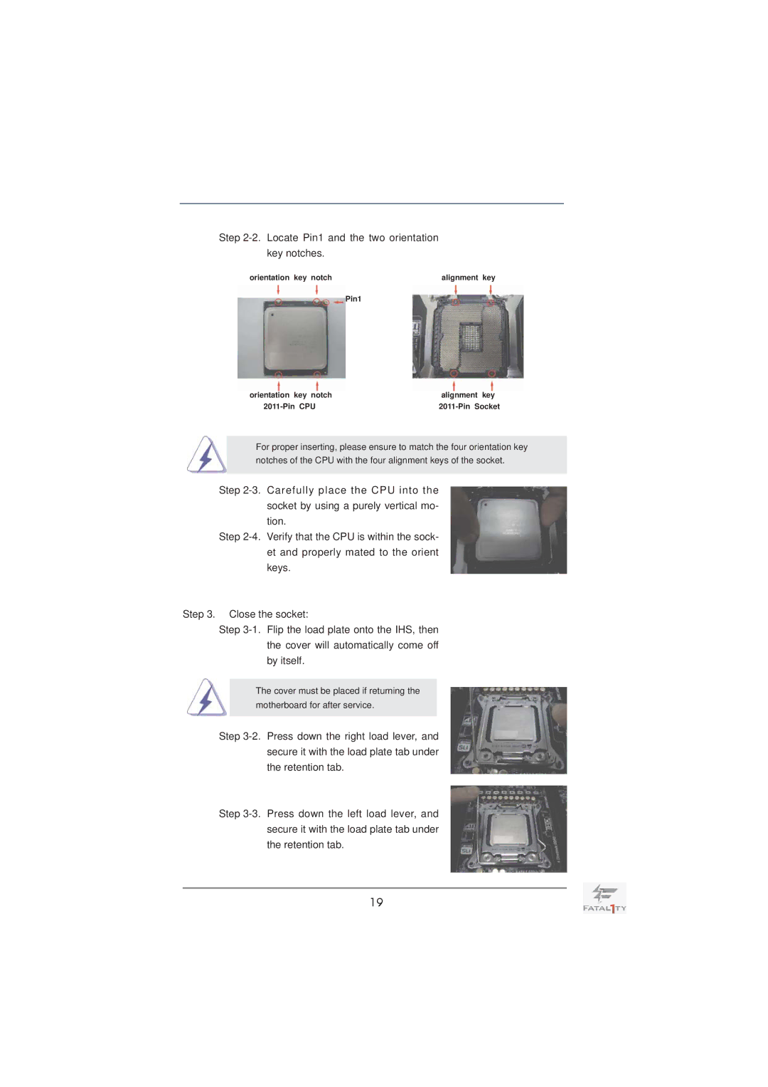 ASRock Fatal1ty X79 Professional manual Locate Pin1 and the two orientation key notches 