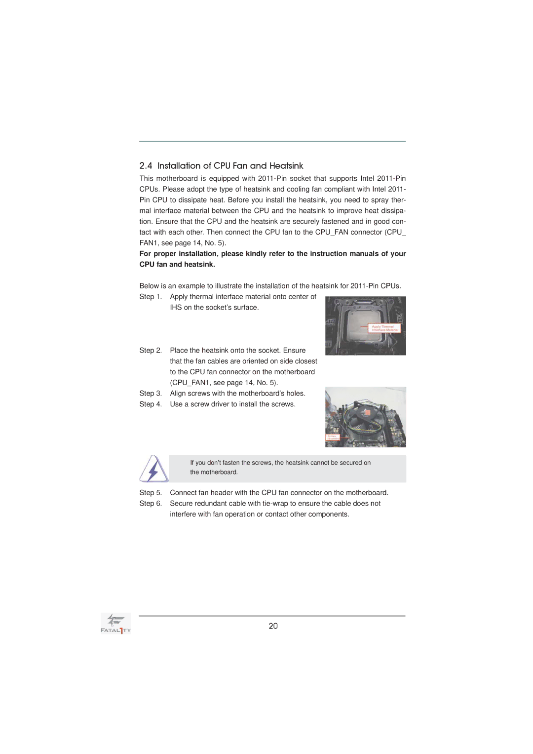 ASRock Fatal1ty X79 Professional manual Installation of CPU Fan and Heatsink 