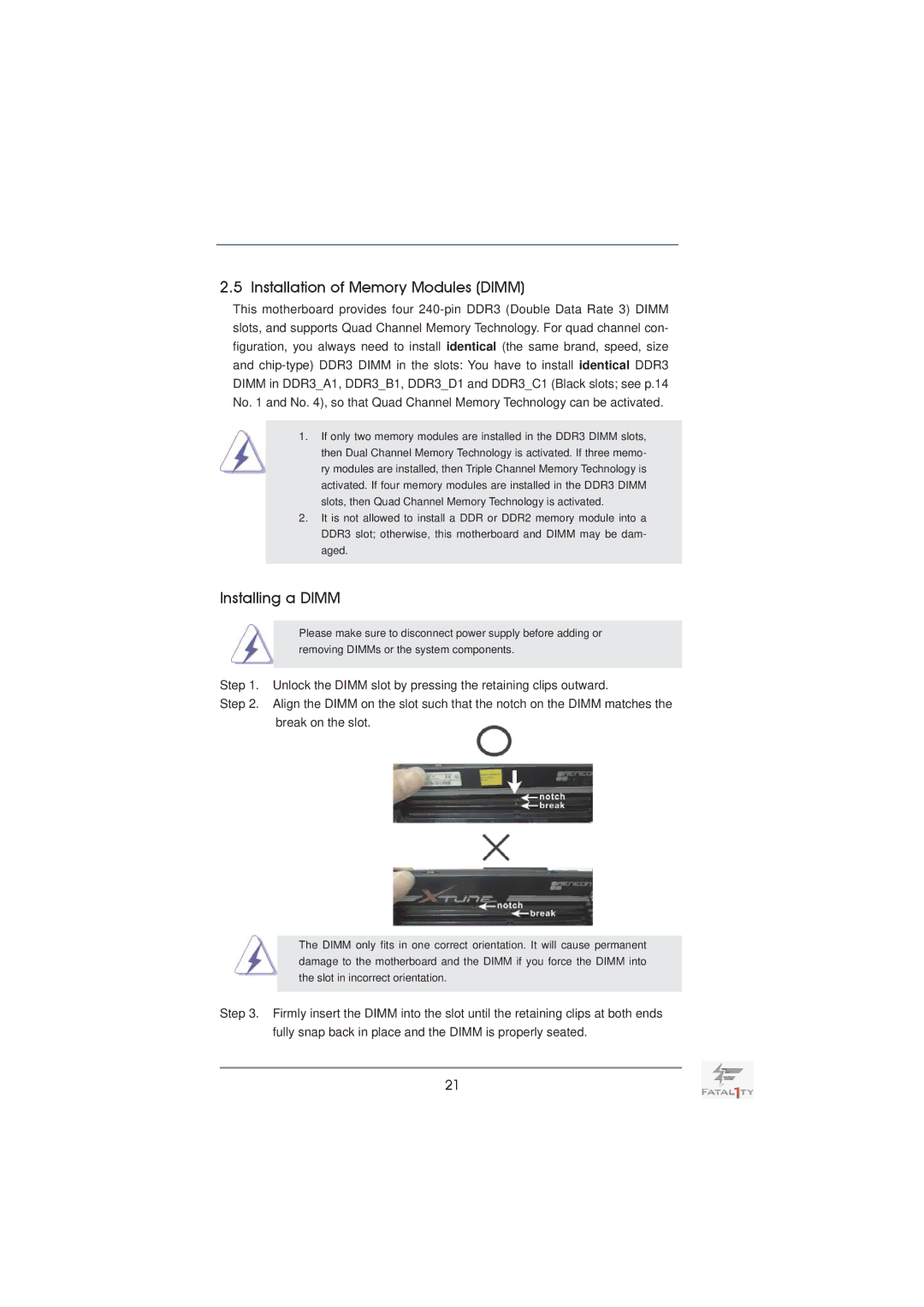 ASRock Fatal1ty X79 Professional manual Installation of Memory Modules Dimm, Installing a Dimm 