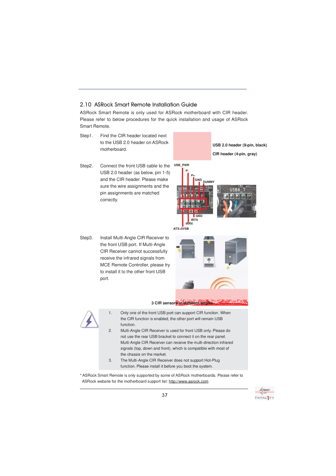 ASRock Fatal1ty X79 Professional manual ASRock Smart Remote Installation Guide, CIR sensors in different angles 