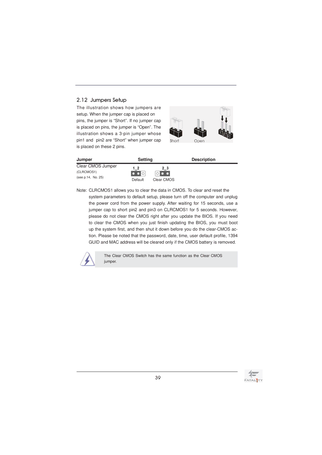 ASRock Fatal1ty X79 Professional manual Jumpers Setup, Description 