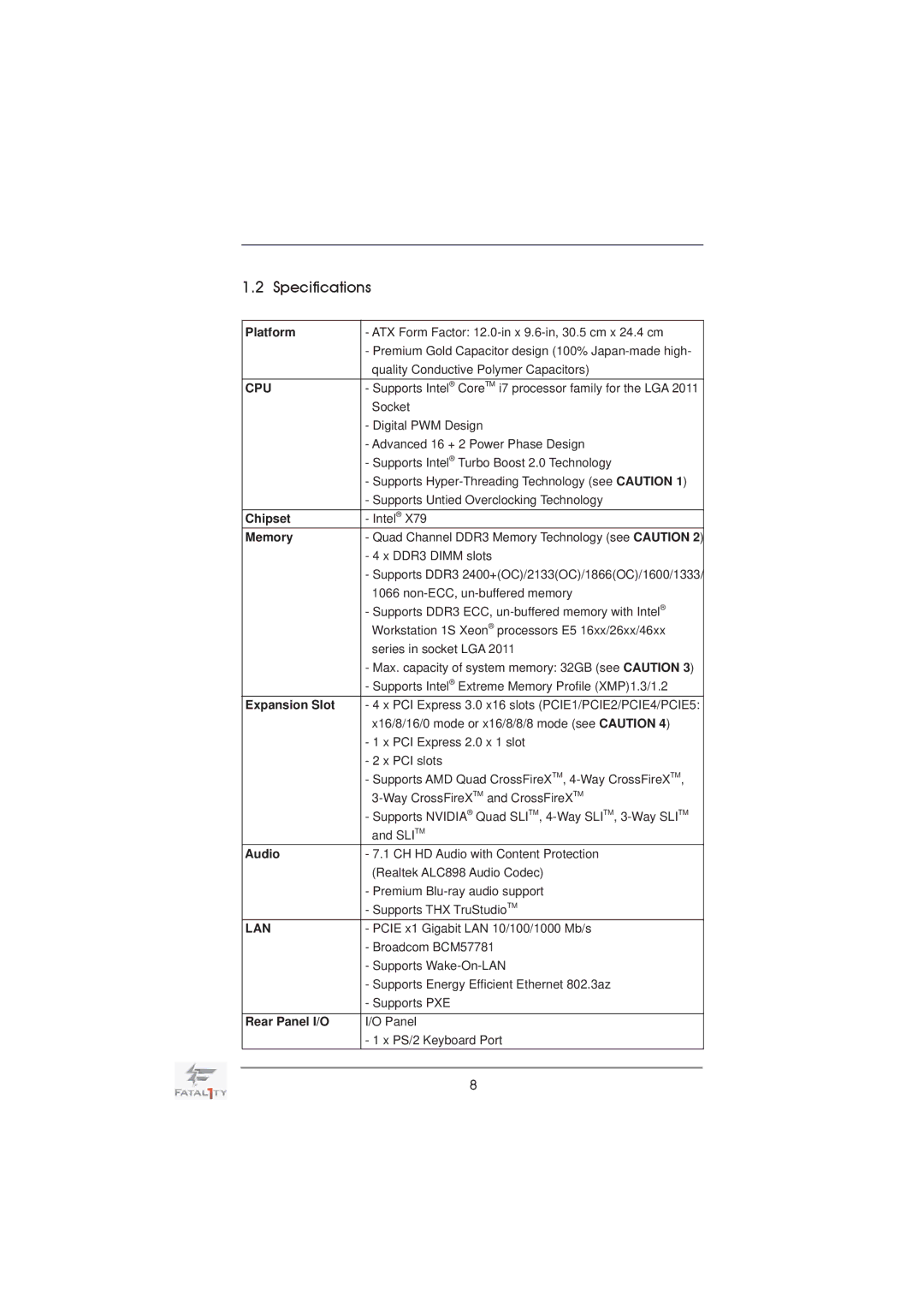 ASRock Fatal1ty X79 Professional manual Specifications 