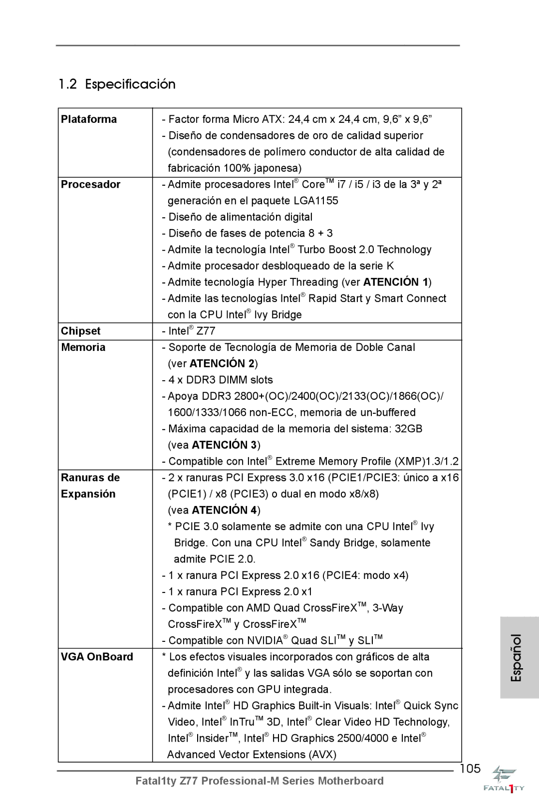 ASRock Fatal1ty Z77 Professional-M manual Especificación, 105 