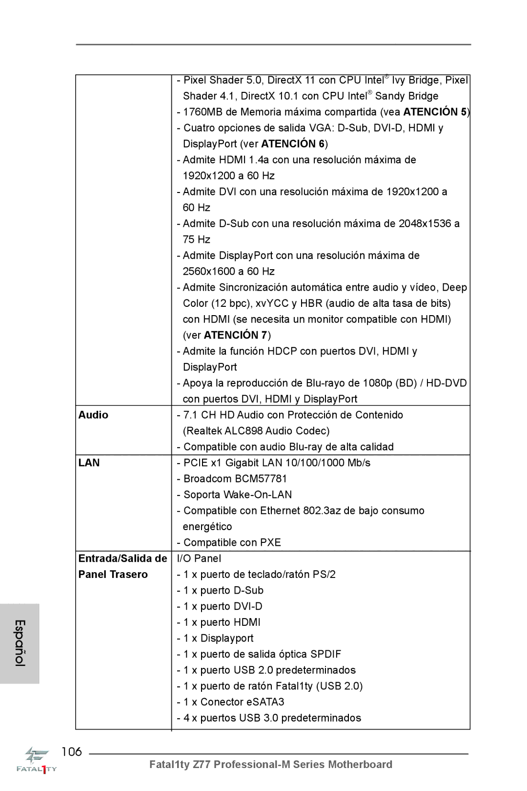 ASRock Fatal1ty Z77 Professional-M manual 106, Admite la función Hdcp con puertos DVI, Hdmi y DisplayPort, Panel Trasero 