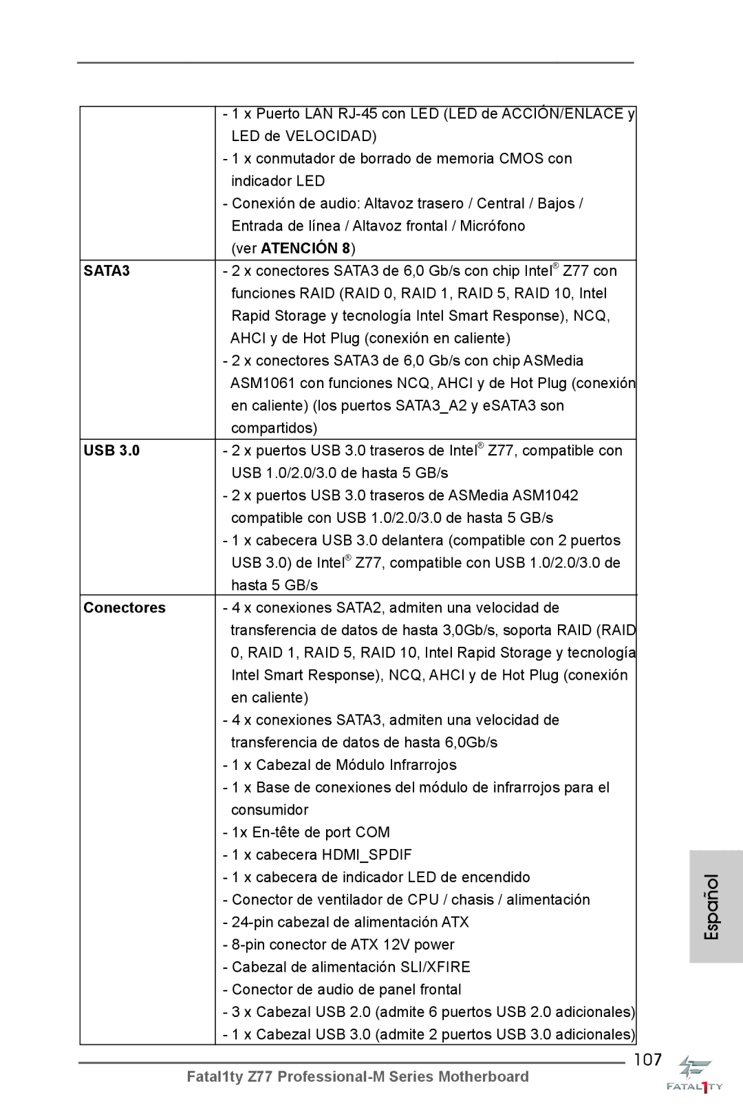 ASRock Fatal1ty Z77 Professional-M manual 107, En caliente los puertos SATA3A2 y eSATA3 son Compartidos, Conectores 