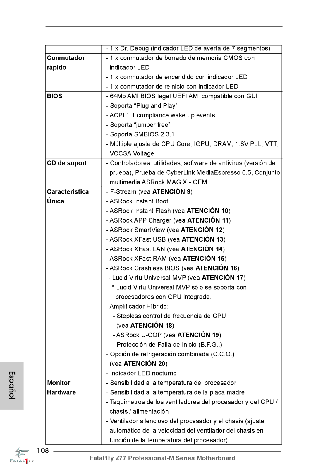 ASRock Fatal1ty Z77 Professional-M manual 108, Rápido, CD de soport, Característica, Única 