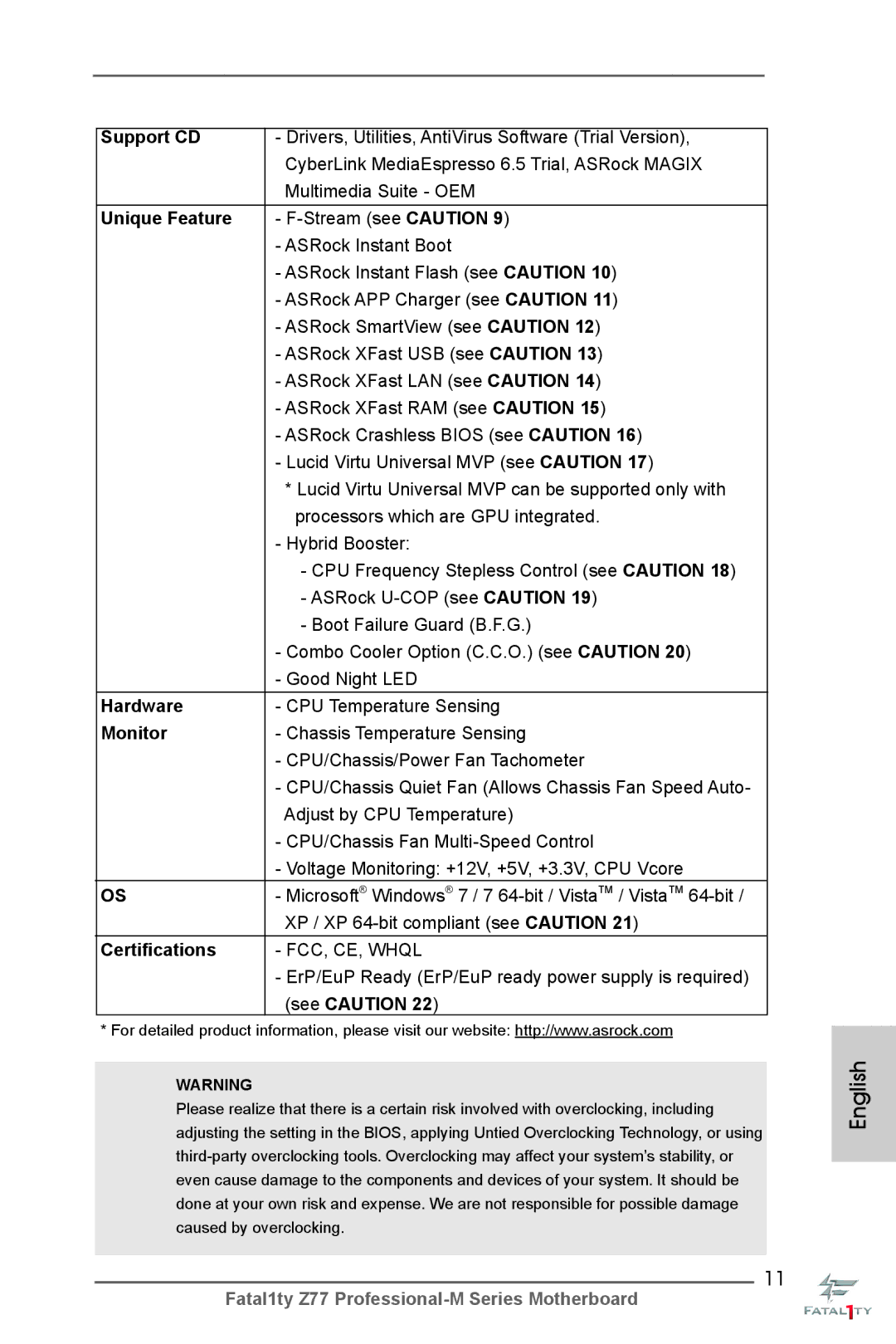 ASRock Fatal1ty Z77 Professional-M manual Support CD, Unique Feature, Hardware, Monitor, Certifications 