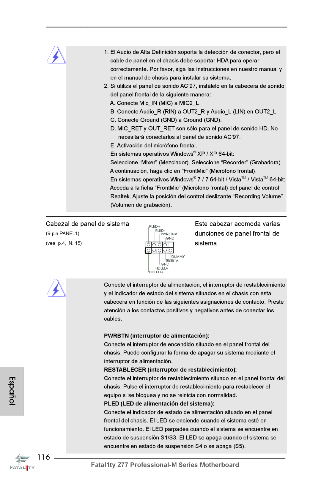 ASRock Fatal1ty Z77 Professional-M manual 116, Cabezal de panel de sistema, Sistema 