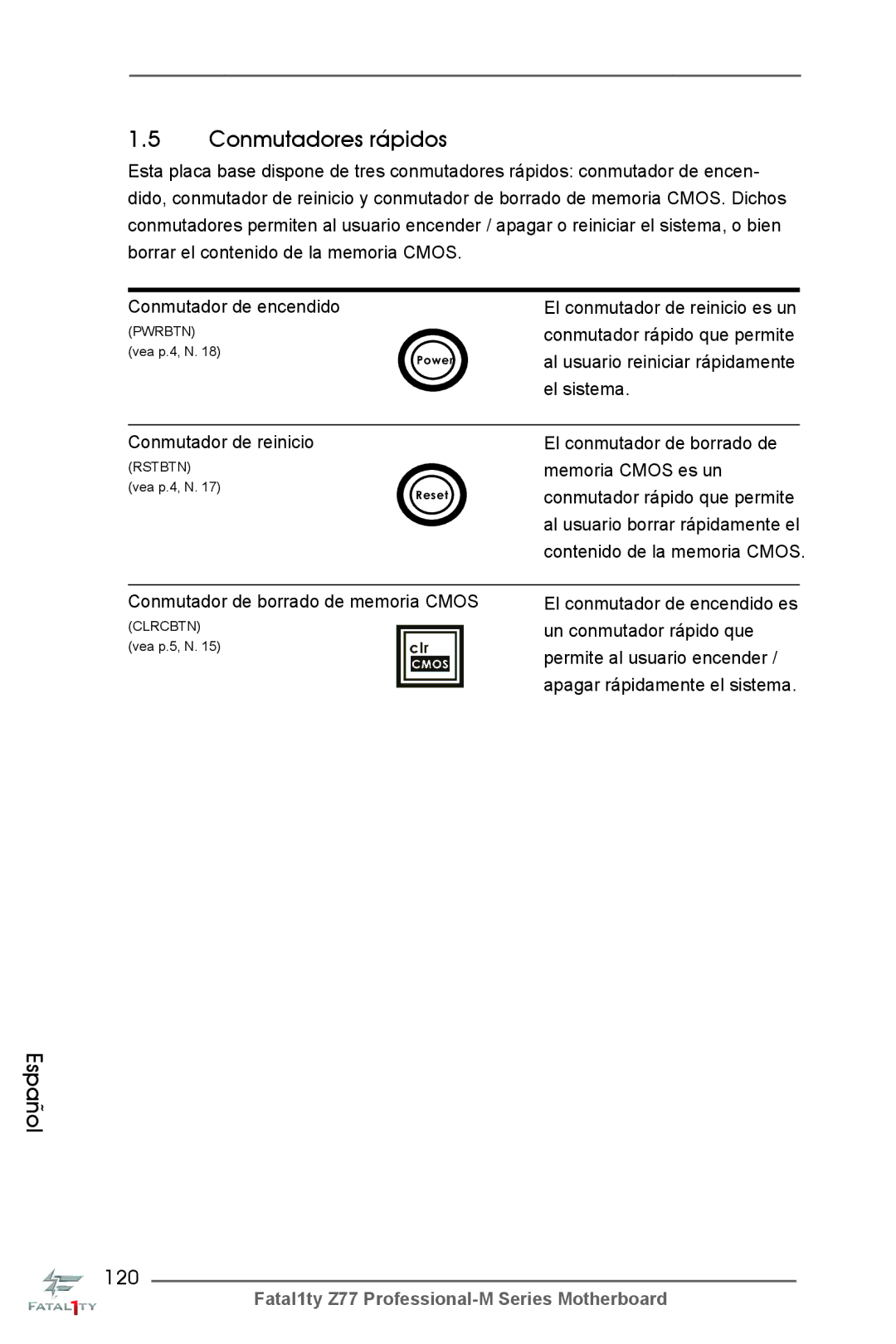 ASRock Fatal1ty Z77 Professional-M manual Conmutadores rápidos, 120 