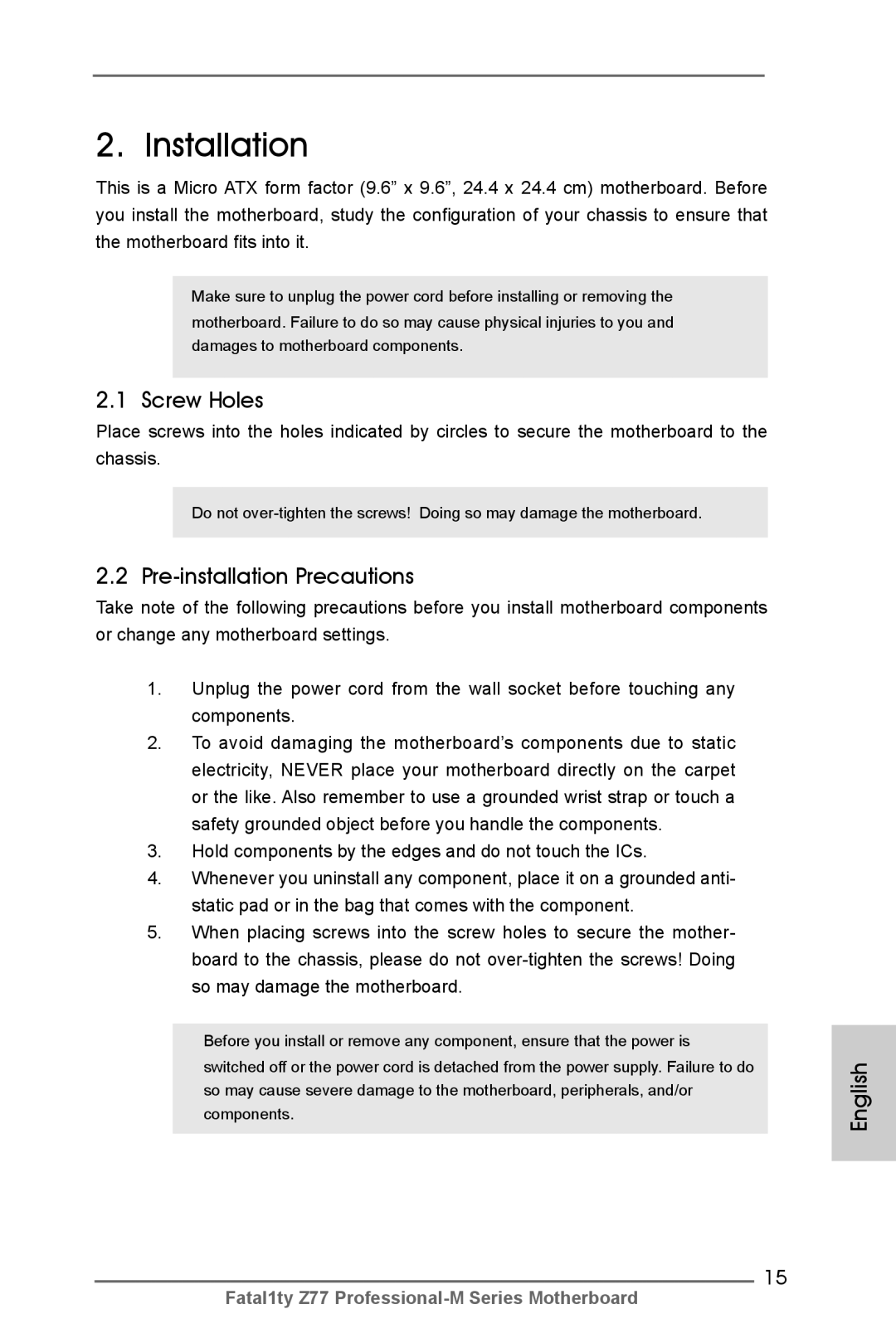 ASRock Fatal1ty Z77 Professional-M manual Installation, Screw Holes, Pre-installation Precautions 