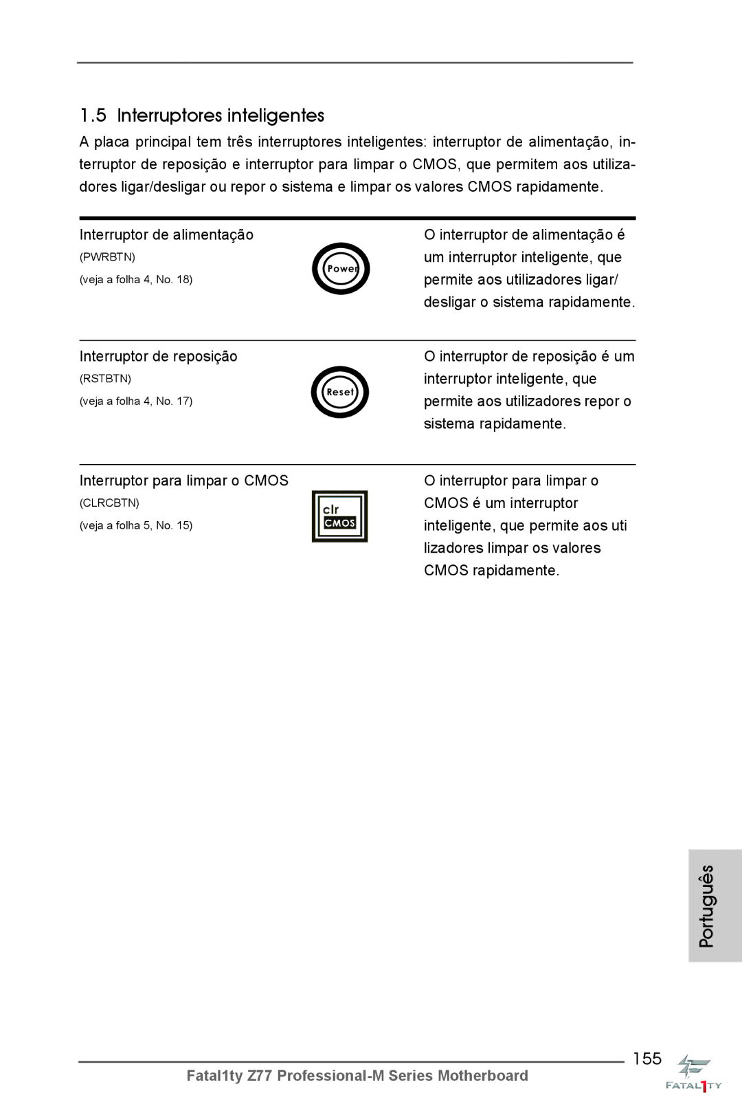 ASRock Fatal1ty Z77 Professional-M manual Interruptores inteligentes, 155 