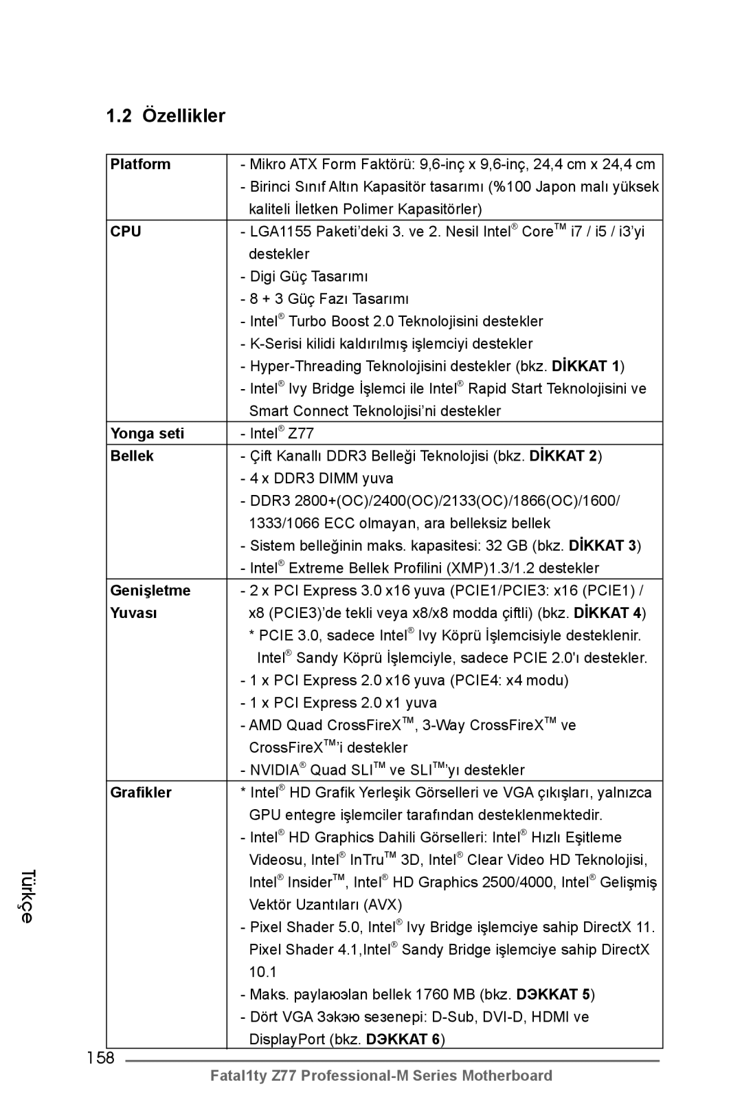 ASRock Fatal1ty Z77 Professional-M manual 158, Yonga seti, Bellek, Yuvası, Grafikler 