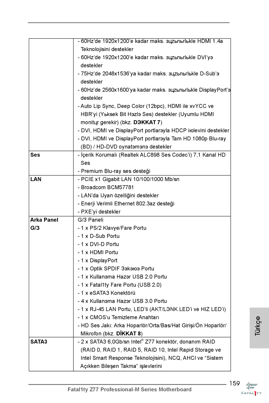 ASRock Fatal1ty Z77 Professional-M manual 159, Ses, Arka Panel 