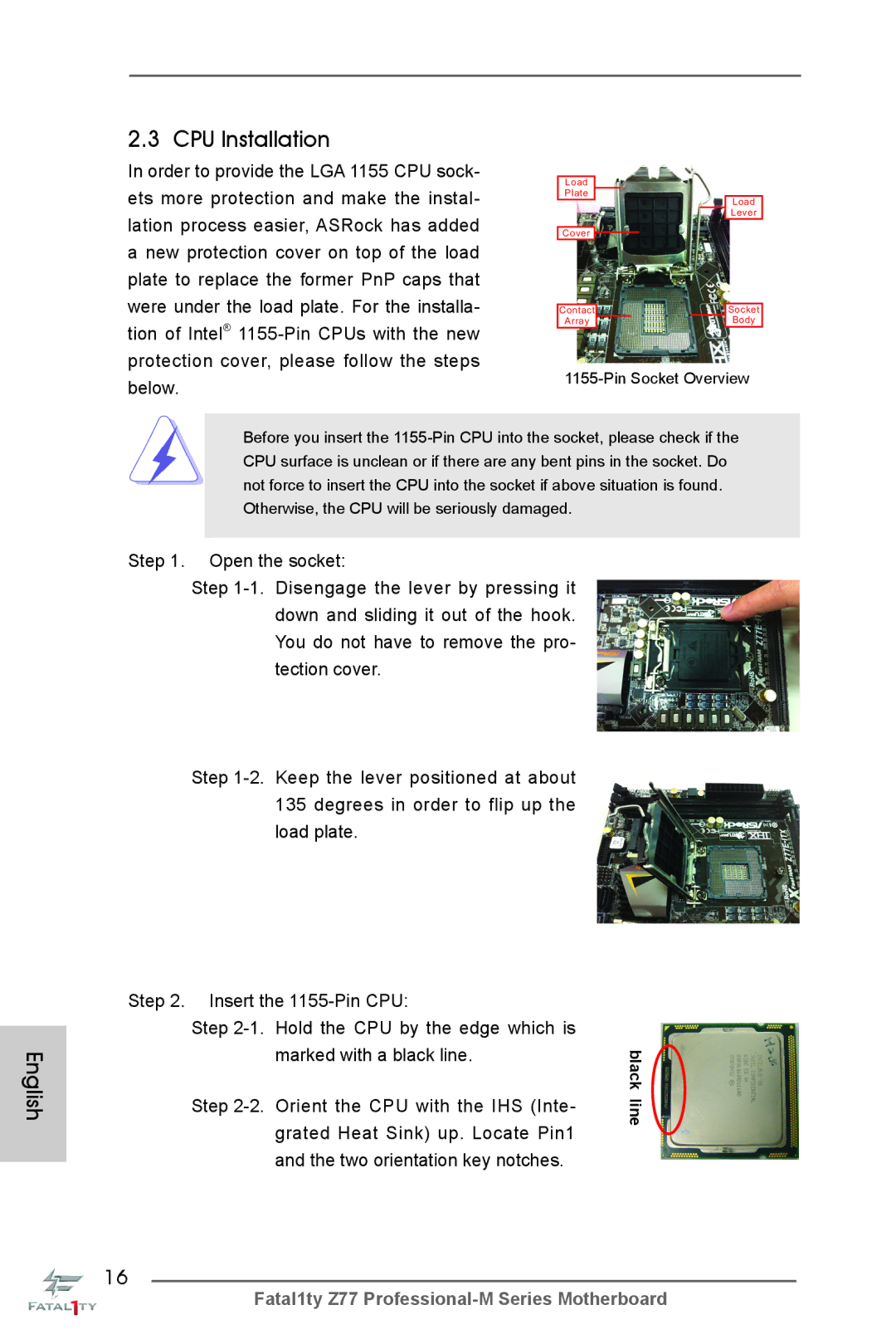 ASRock Fatal1ty Z77 Professional-M CPU Installation, Step Orient the CPU with the IHS Inte, Two orientation key notches 