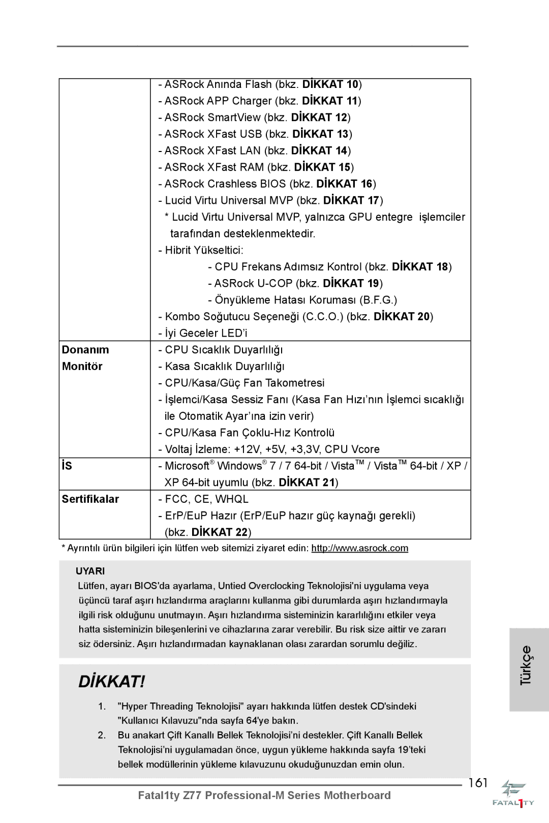 ASRock Fatal1ty Z77 Professional-M manual 161, Donanım, Monitör, Sertifikalar, Bkz. Dİkkat 