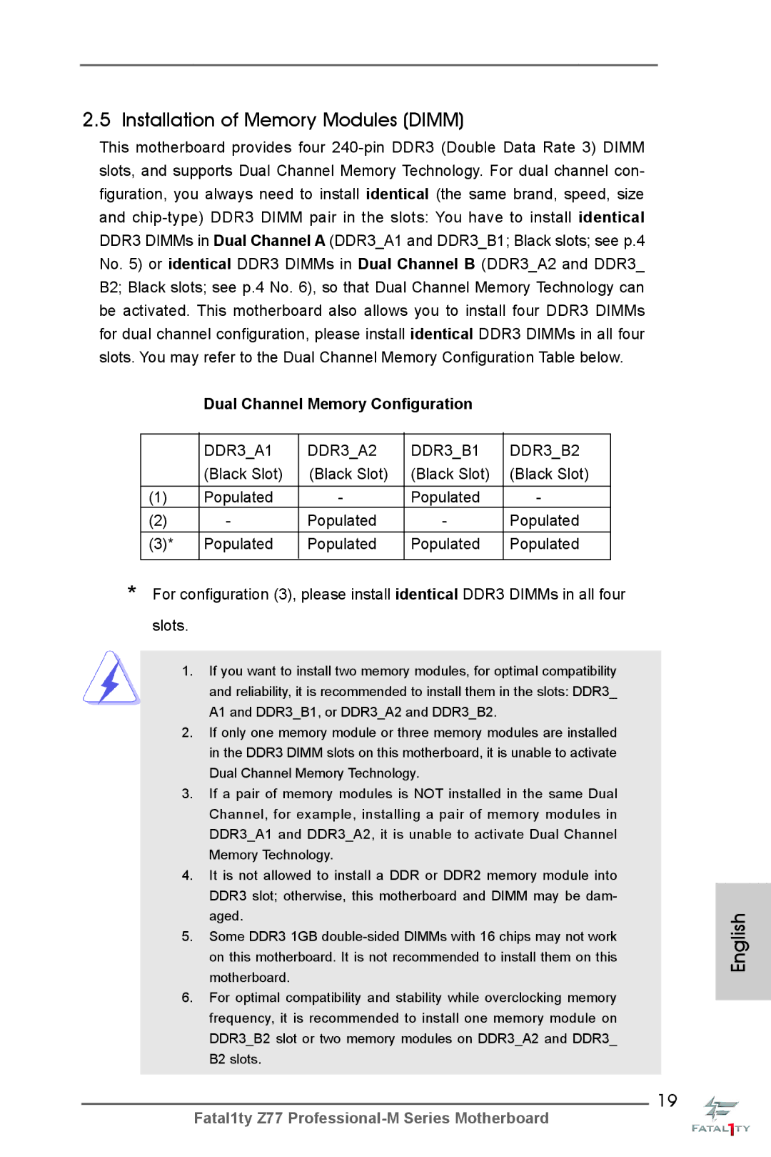 ASRock Fatal1ty Z77 Professional-M manual Installation of Memory Modules Dimm, Dual Channel Memory Configuration 