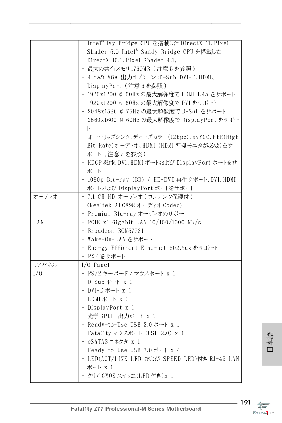 ASRock Fatal1ty Z77 Professional-M manual 191, 1080p Blu-ray BD / HD-DVD 再生サポート、DVI 、HDMI, クリア Cmos スイッヱ（LED 付き）x 