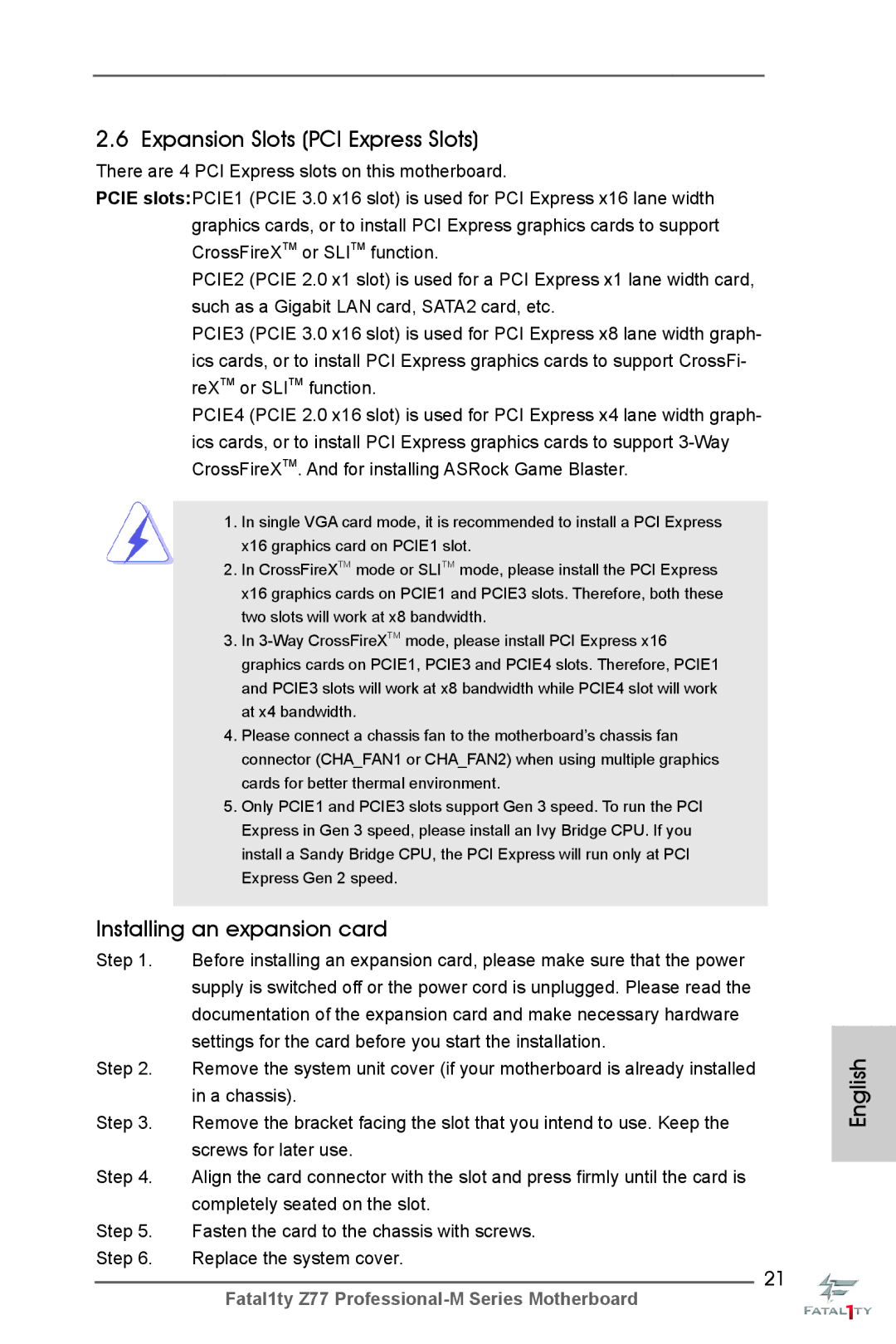 ASRock Fatal1ty Z77 Professional-M manual Expansion Slots PCI Express Slots, Installing an expansion card 