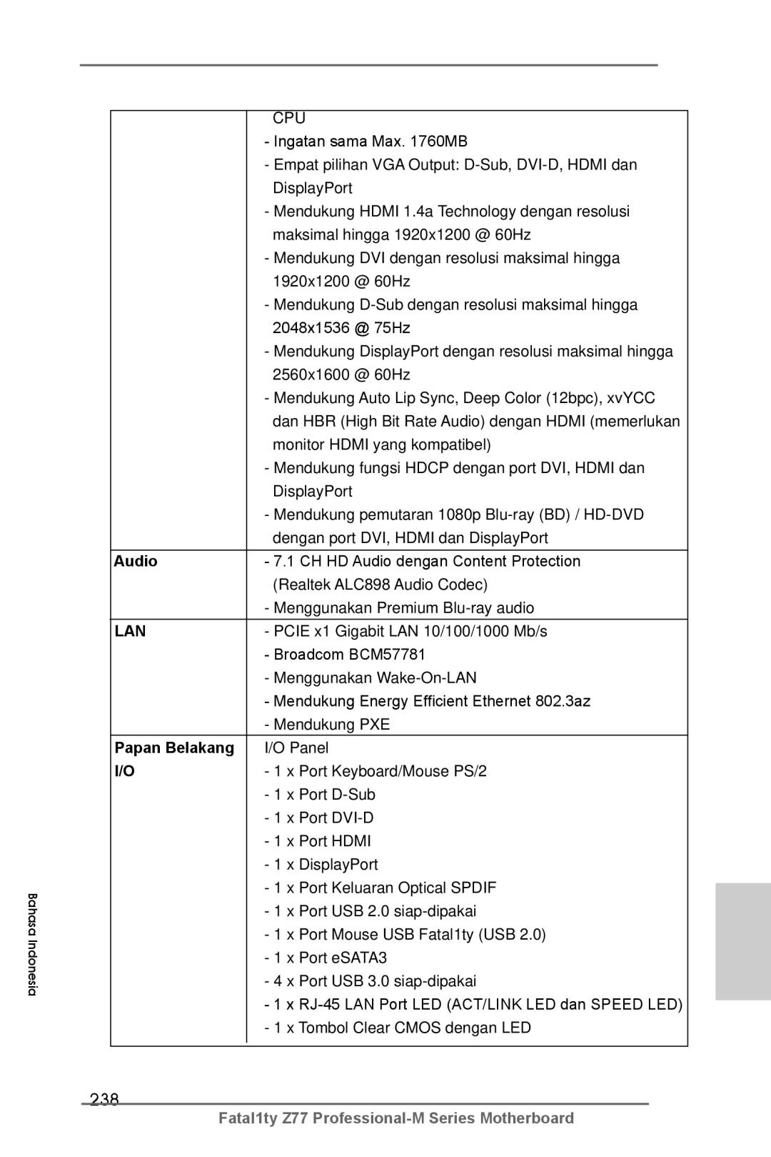 ASRock Fatal1ty Z77 Professional-M manual 238, Papan Belakang 