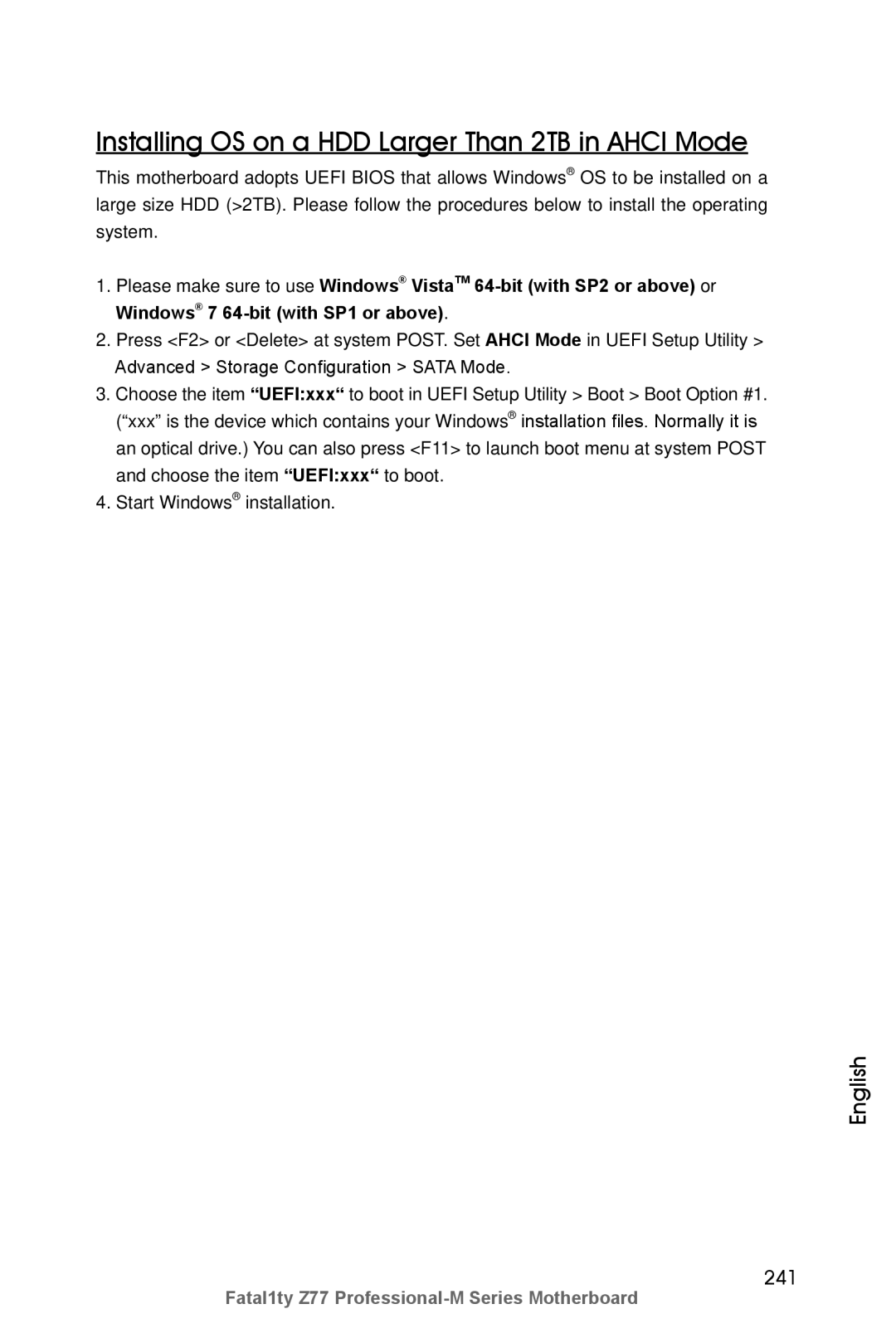 ASRock Fatal1ty Z77 Professional-M manual Installing OS on a HDD Larger Than 2TB in Ahci Mode, 241 