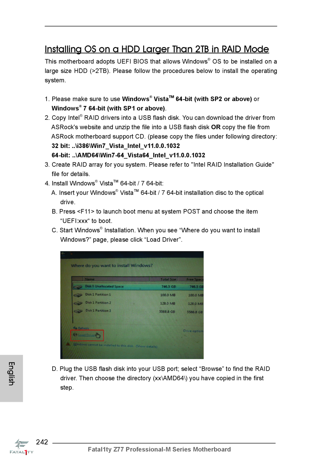 ASRock Fatal1ty Z77 Professional-M manual Installing OS on a HDD Larger Than 2TB in RAID Mode, 242 