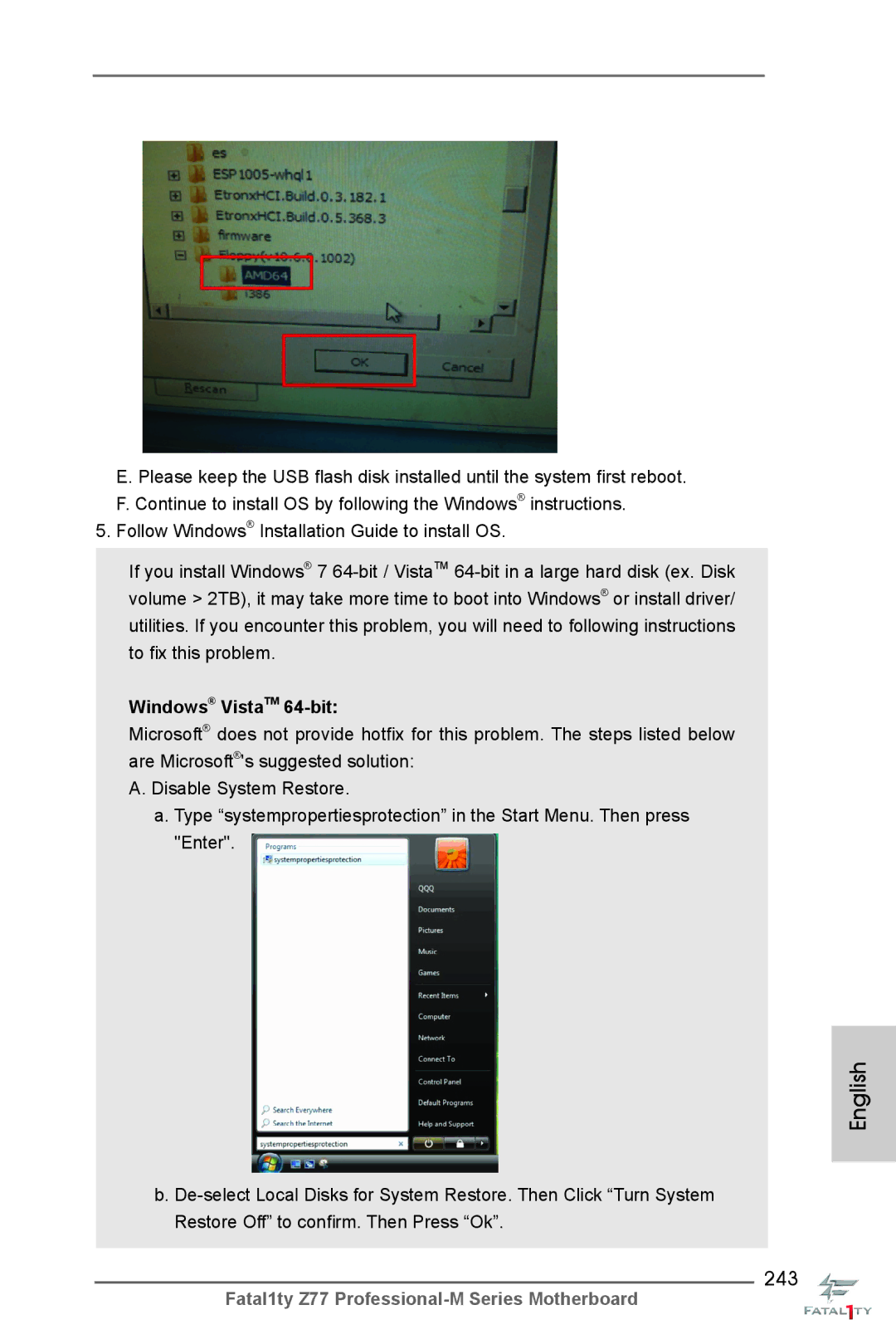 ASRock Fatal1ty Z77 Professional-M manual 243, Windows VistaTM 64-bit 