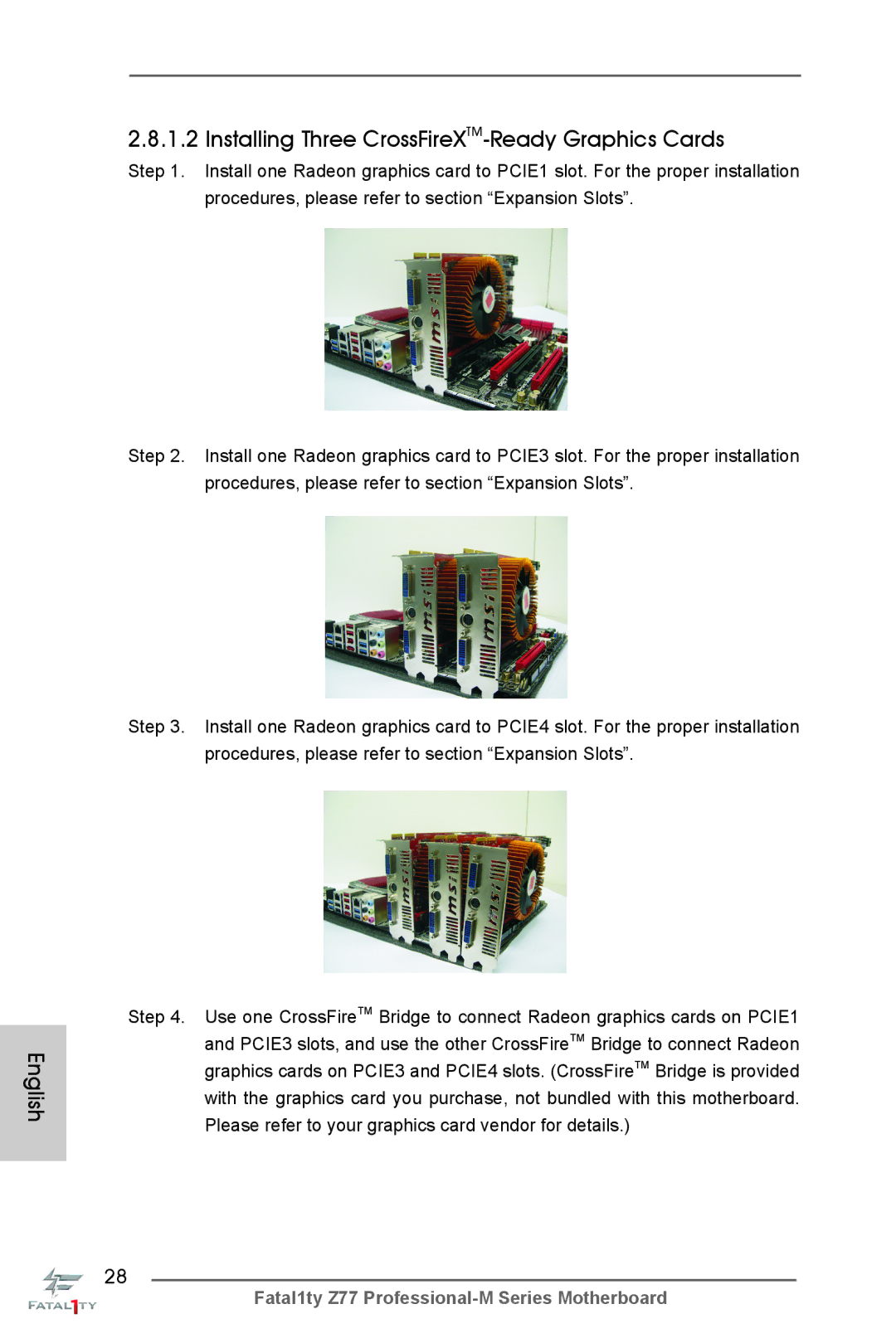 ASRock Fatal1ty Z77 Professional-M manual Installing Three CrossFireXTM-Ready Graphics Cards 