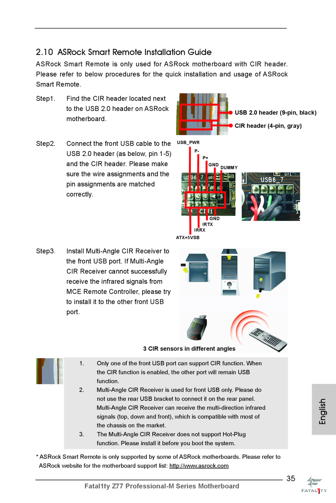 ASRock Fatal1ty Z77 Professional-M manual ASRock Smart Remote Installation Guide, CIR sensors in different angles 