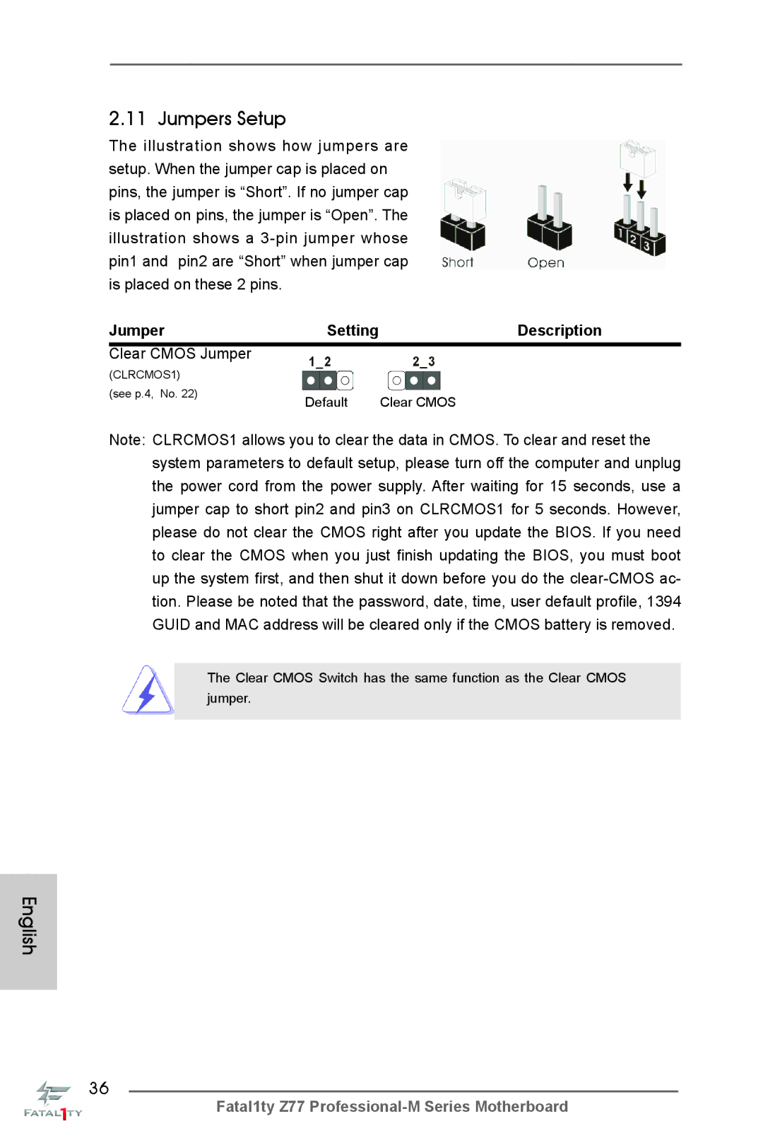 ASRock Fatal1ty Z77 Professional-M manual Jumpers Setup, Description, Clear Cmos Jumper 