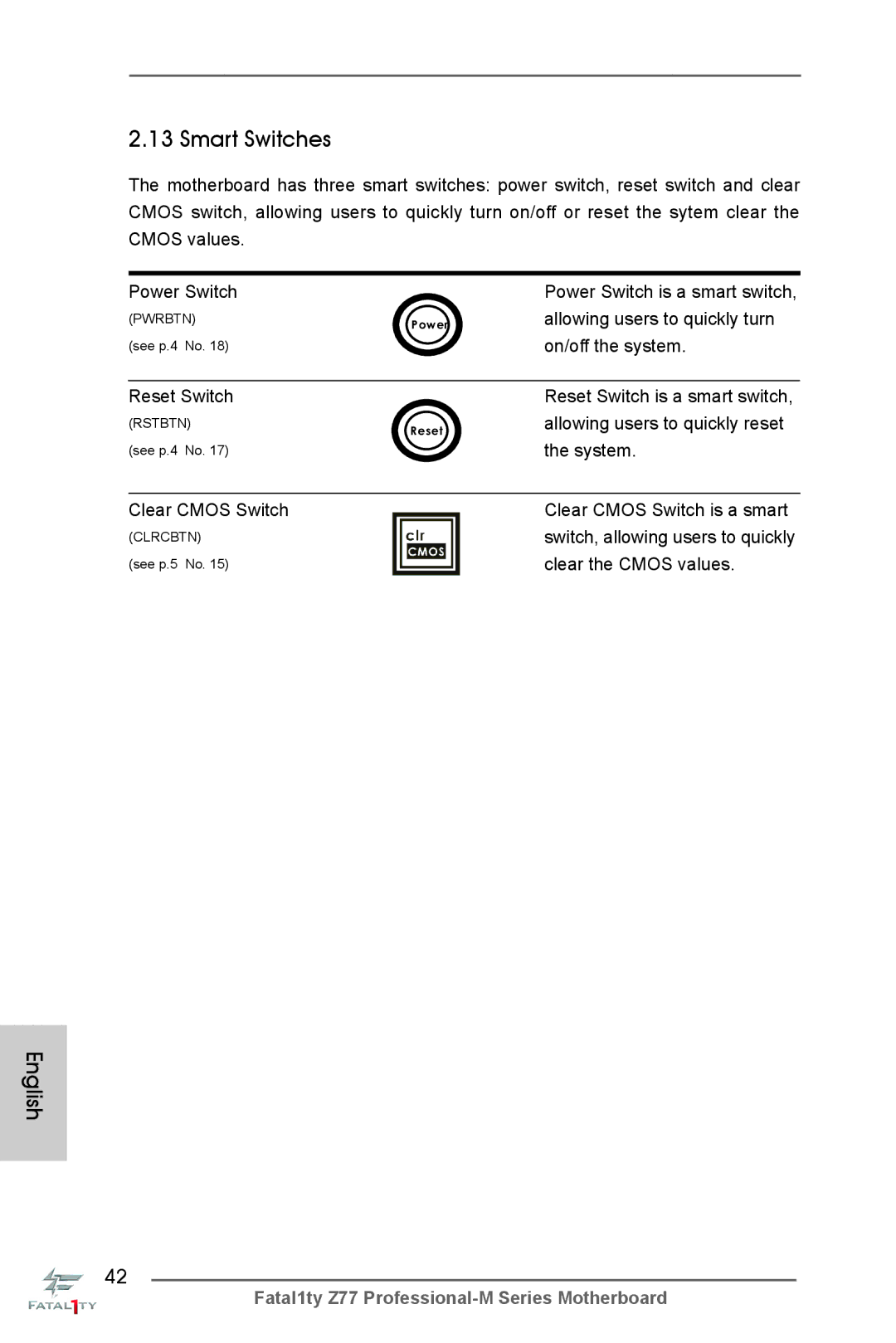 ASRock Fatal1ty Z77 Professional-M manual Smart Switches, Clear the Cmos values 