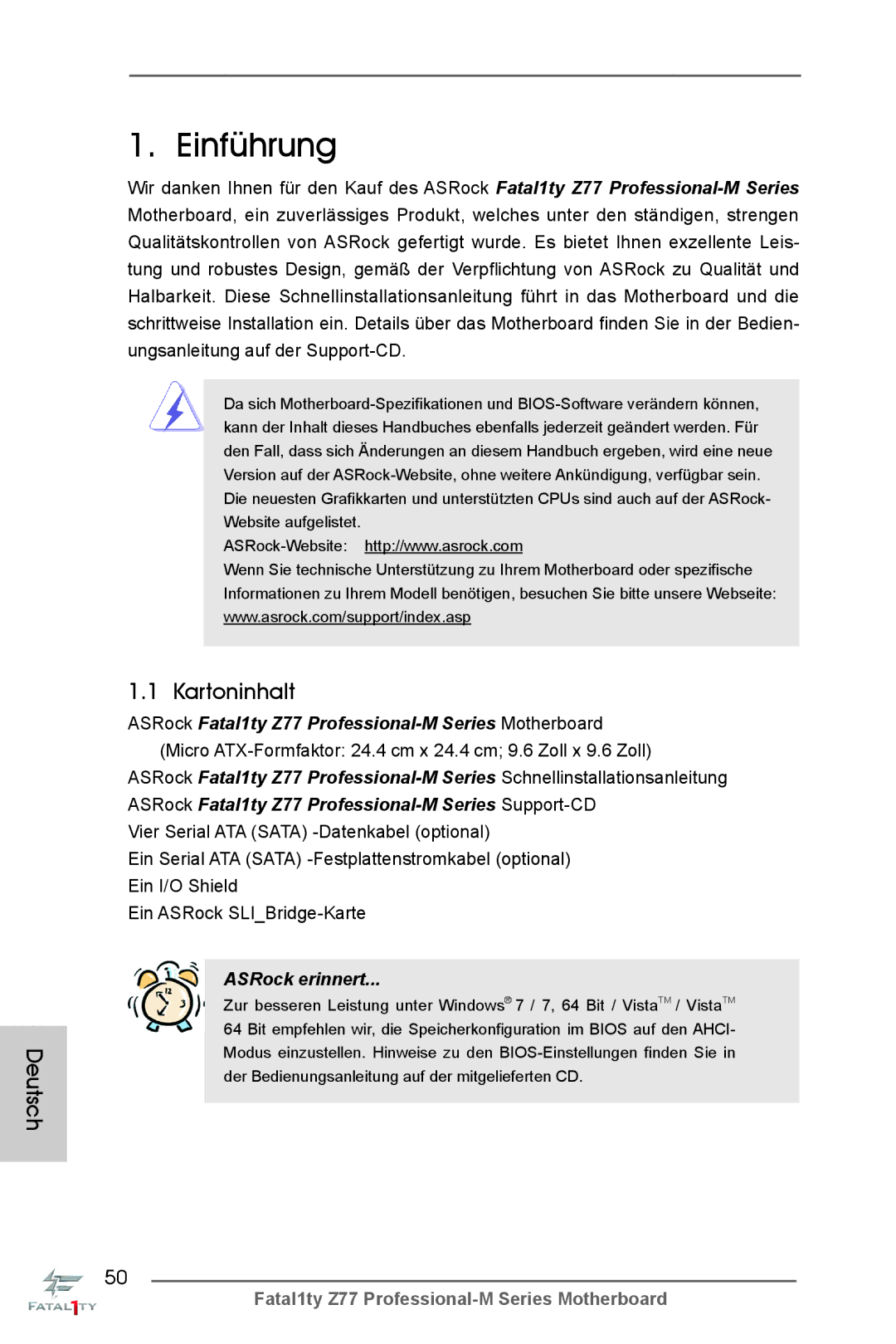 ASRock Fatal1ty Z77 Professional-M manual Einführung, Deutsch, Kartoninhalt 