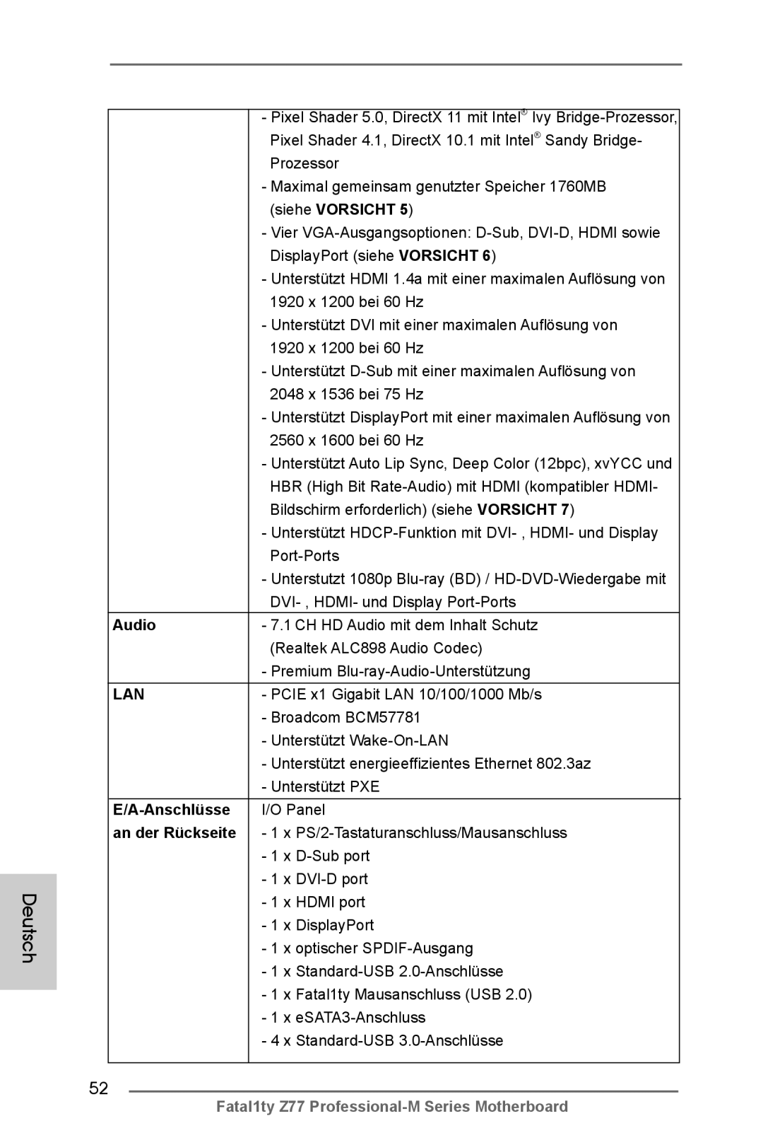 ASRock Fatal1ty Z77 Professional-M manual Anschlüsse, Panel, An der Rückseite 