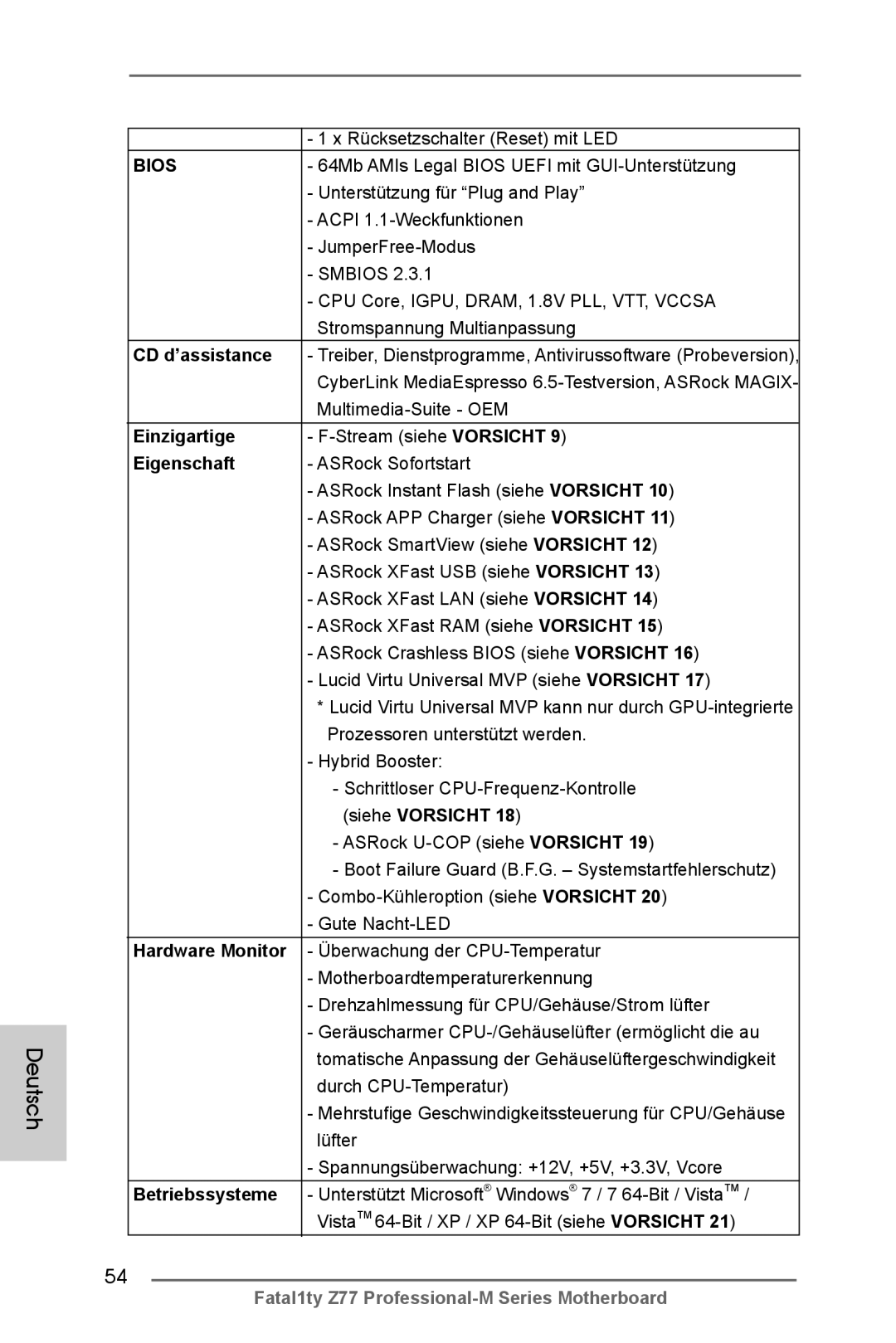 ASRock Fatal1ty Z77 Professional-M manual CD d’assistance, Einzigartige, Eigenschaft, Hardware Monitor 