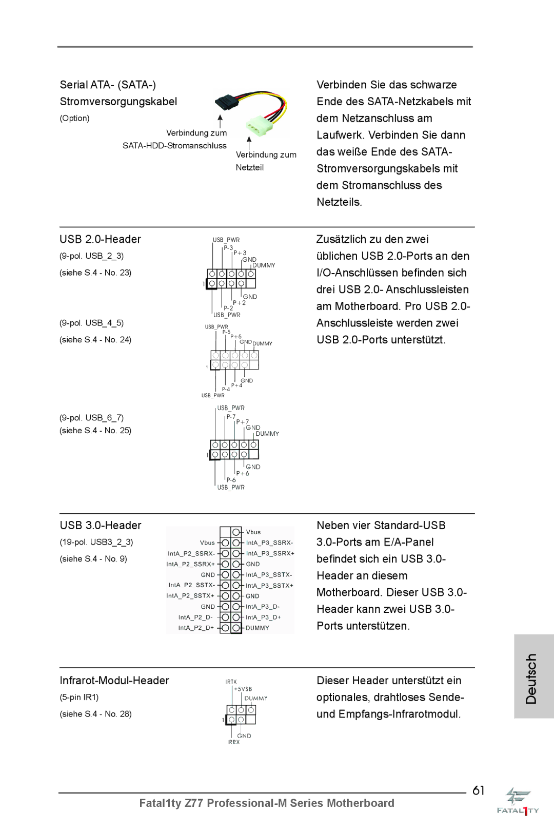 ASRock Fatal1ty Z77 Professional-M manual Serial ATA- Sata Stromversorgungskabel, USB 3.0-Header Neben vier Standard-USB 