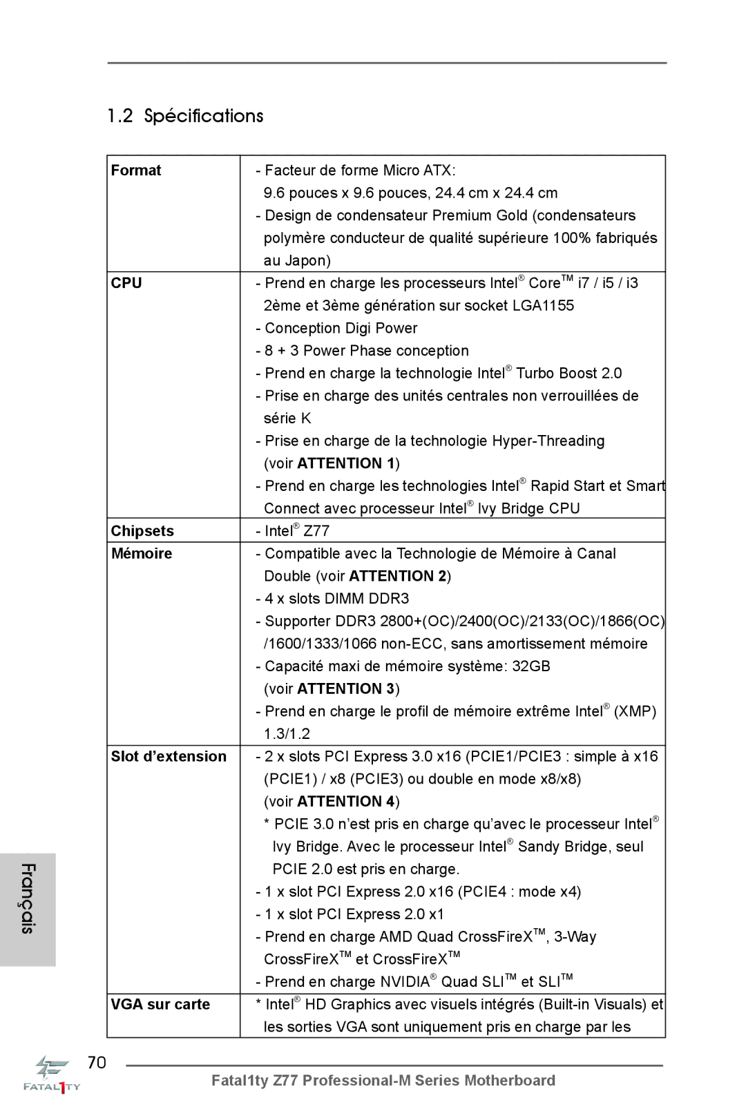 ASRock Fatal1ty Z77 Professional-M manual Spécifications 