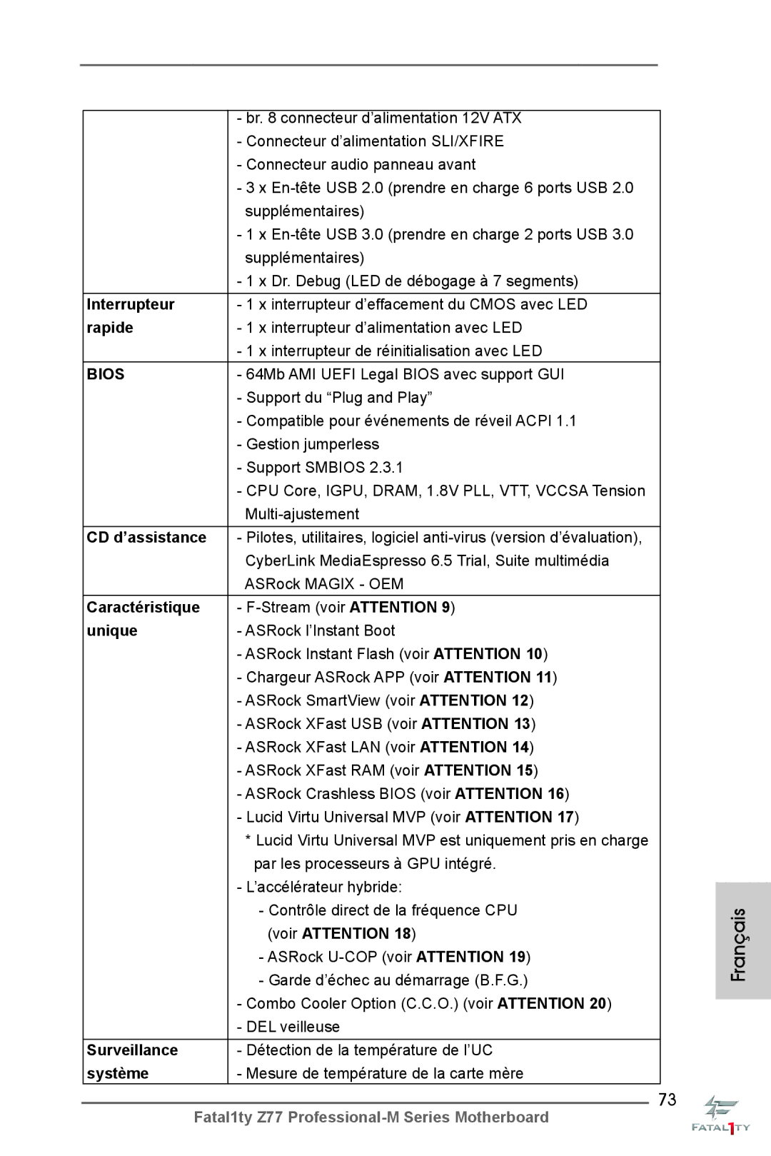 ASRock Fatal1ty Z77 Professional-M manual Interrupteur, Rapide, Caractéristique, Unique, Surveillance, Système 