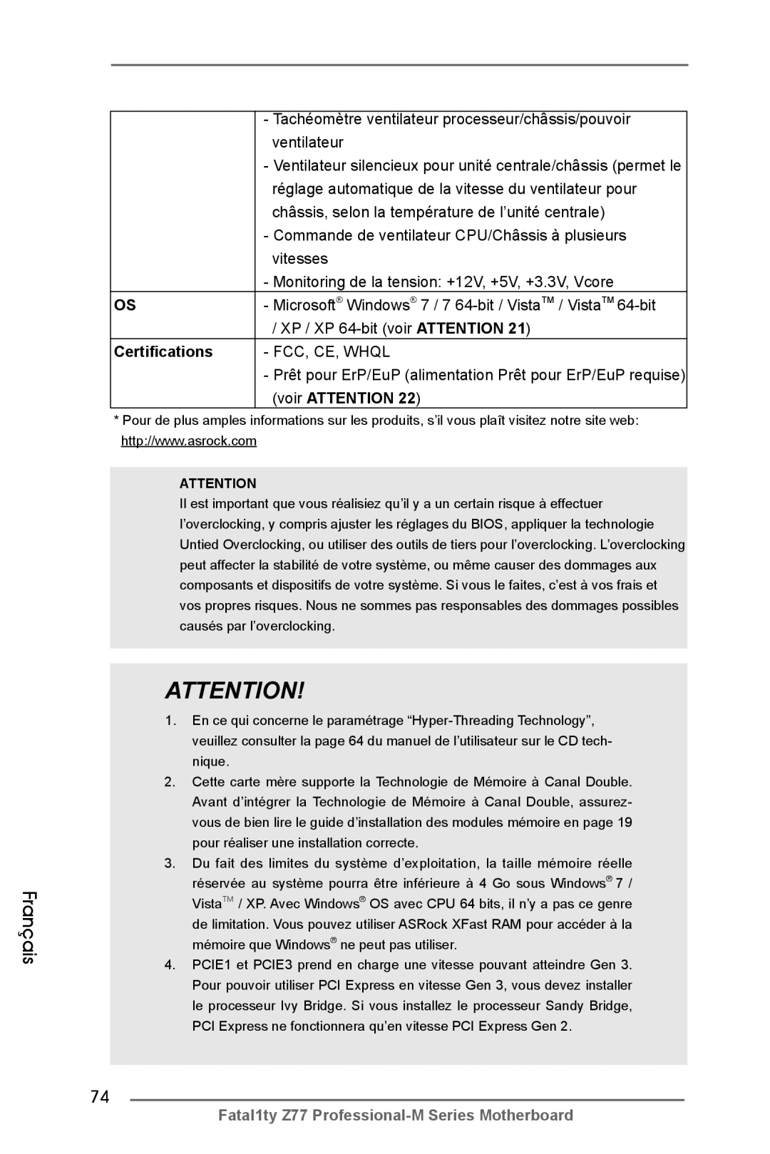 ASRock Fatal1ty Z77 Professional-M manual Tachéomètre ventilateur processeur/châssis/pouvoir, Vitesses 