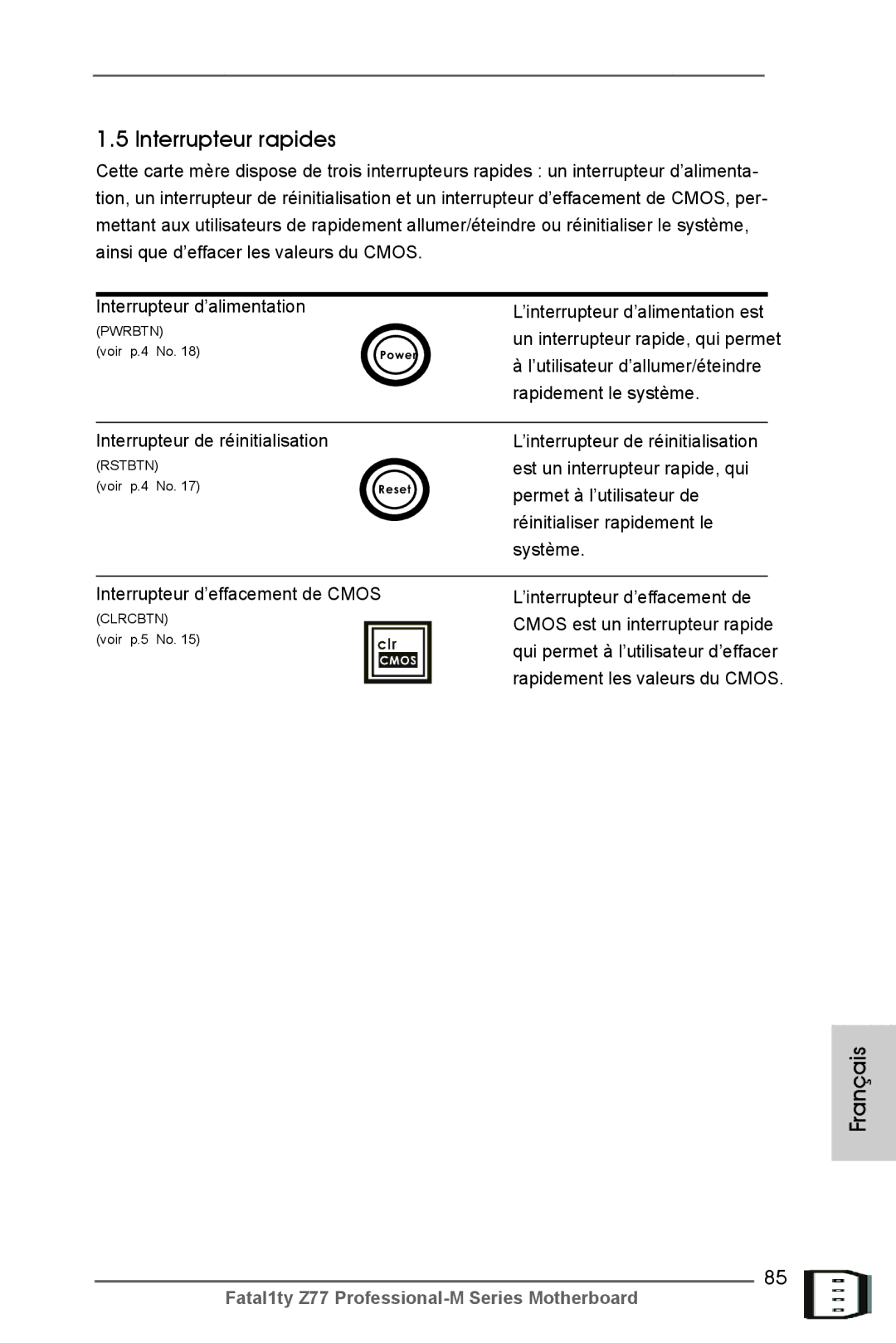 ASRock Fatal1ty Z77 Professional-M manual Interrupteur de réinitialisation Rstbtn, Interrupteur d’effacement de Cmos 