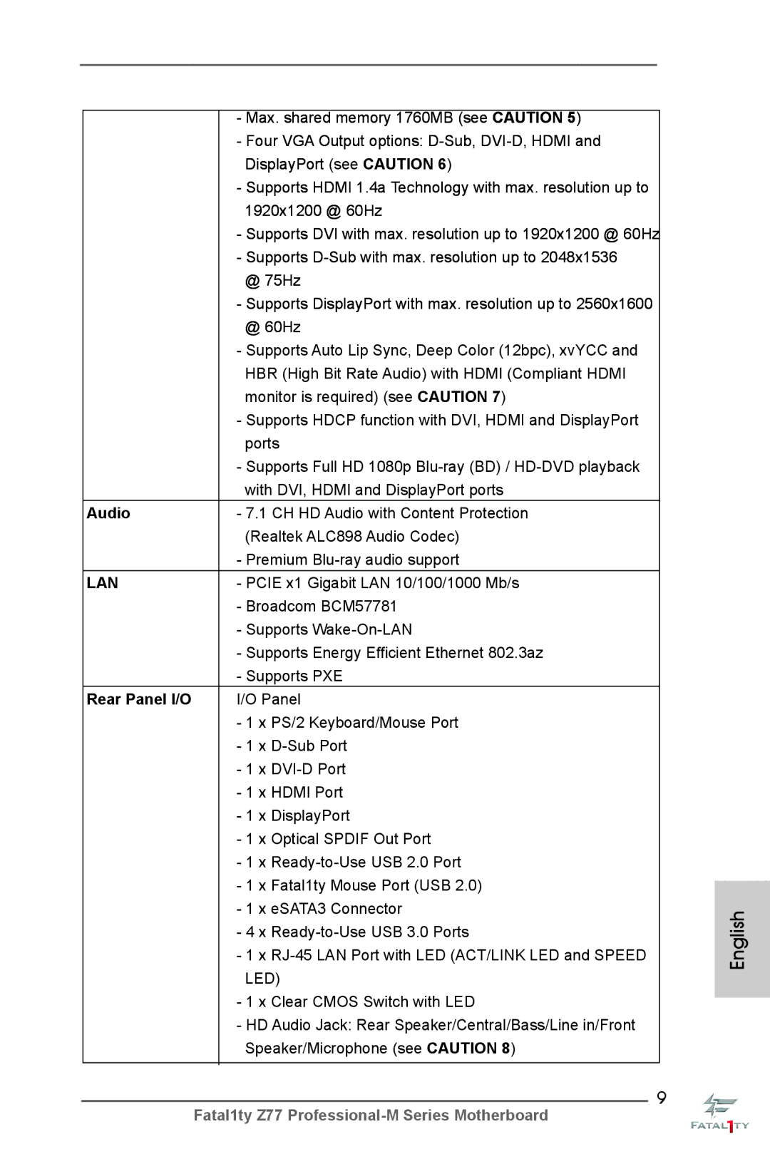 ASRock Fatal1ty Z77 Professional-M manual Supports D-Sub with max. resolution up to @ 75Hz, Audio, Rear Panel I/O 